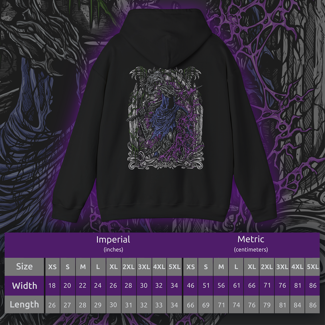 Size chart of a Hooded Sweatshirt showcasing Artorias the Abysswalker, the legendary knight from Dark Souls who ventured into the Abyss to halt its spread. Twisted by its corruption yet still driven by purpose, Artorias wields his massive greatsword with unmatched ferocity. The design highlights his torn armor and feral energy—an eternal symbol of fallen heroism and a fan-favorite figure of the series’ darkest lore.