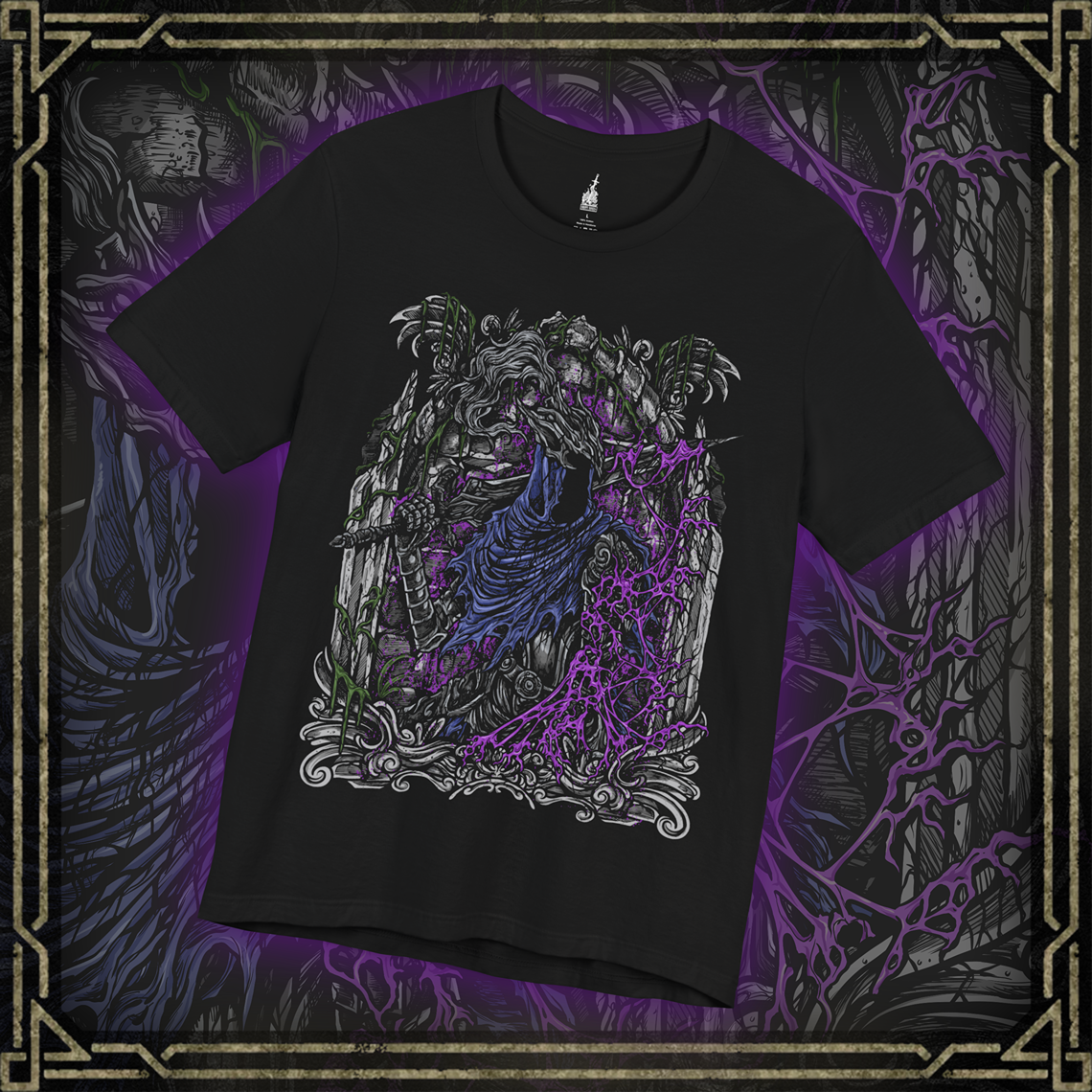 Thumbnail of a T-shirt featuring Artorias the Abysswalker from Dark Souls, the fallen knight who dared to challenge the Abyss alone. Once a noble warrior and one of Gwyn’s Four Knights, Artorias became corrupted in his doomed quest to save Oolacile. This design captures his shattered arm, tattered cape, and relentless stance—honoring his tragic sacrifice and unbreakable will in the face of eternal darkness.