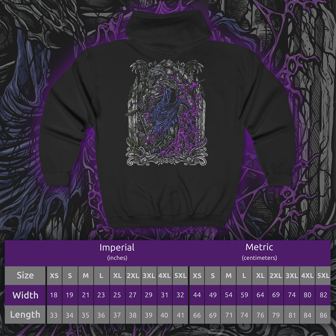 Size chart of a Zip-up Hooded Sweatshirt featuring the corrupted form of Artorias the Abysswalker from Dark Souls, fully consumed by the darkness he sought to destroy. Twisted by the Abyss, his once-noble stance is now feral and unhinged, fighting with a broken arm and relentless fury. This design captures the tragic downfall of a hero who gave everything to shield Oolacile, even as the darkness devoured his soul.