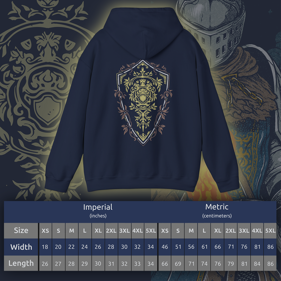 Size chart of a Hooded Sweatshirt featuring an Elite Knight-inspired design from Dark Souls, adorned with intricate armor details that highlight the timeless look of this iconic set. Ideal for fans who appreciate classic armor and the enduring spirit of the undead journey.