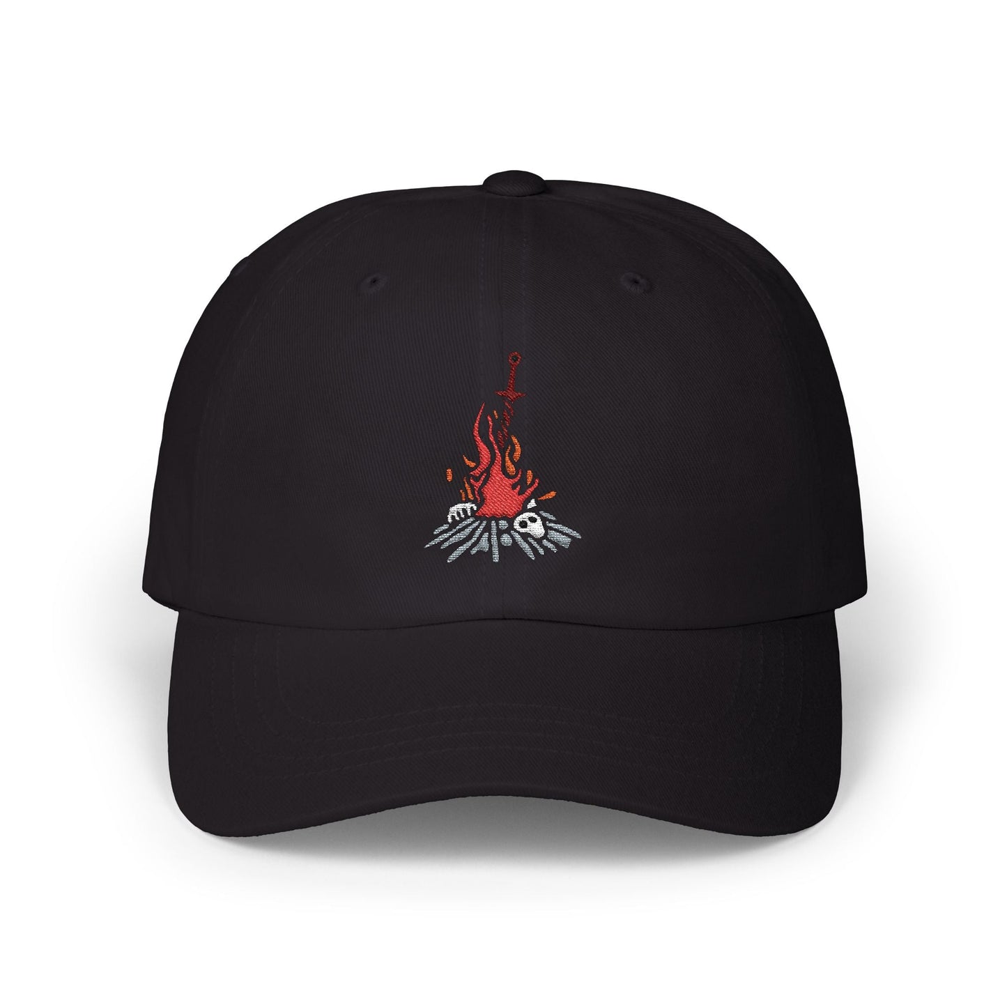 Image 3 of a Black Embroidered Dark Souls Cap featuring the Bonfire, the spiritual heart of every journey through Lordran, Drangleic, and Lothric. More than a checkpoint, it is a symbol of the fading Age of Fire and the Undead’s endless pilgrimage. This design evokes the comfort, tragedy, and eternal cycle that defines the Dark Souls legacy.