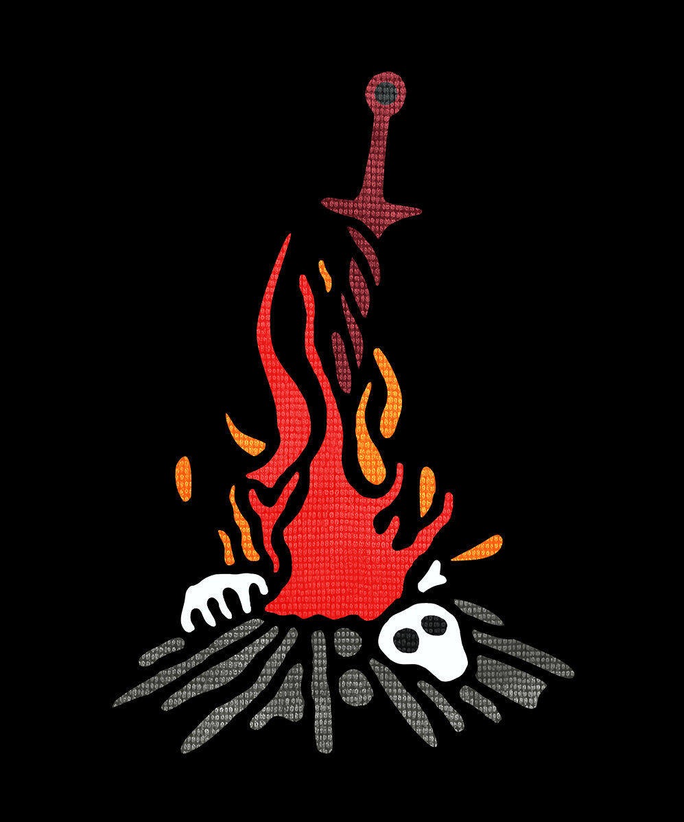 Design of Dark Souls Bonfire Embroidered. The Bonfire is a central symbol in Dark Souls, offering rest, recovery, and resurrection for the undead. Linked to the First Flame, it anchors the player’s journey through a decaying world of fire and ash.