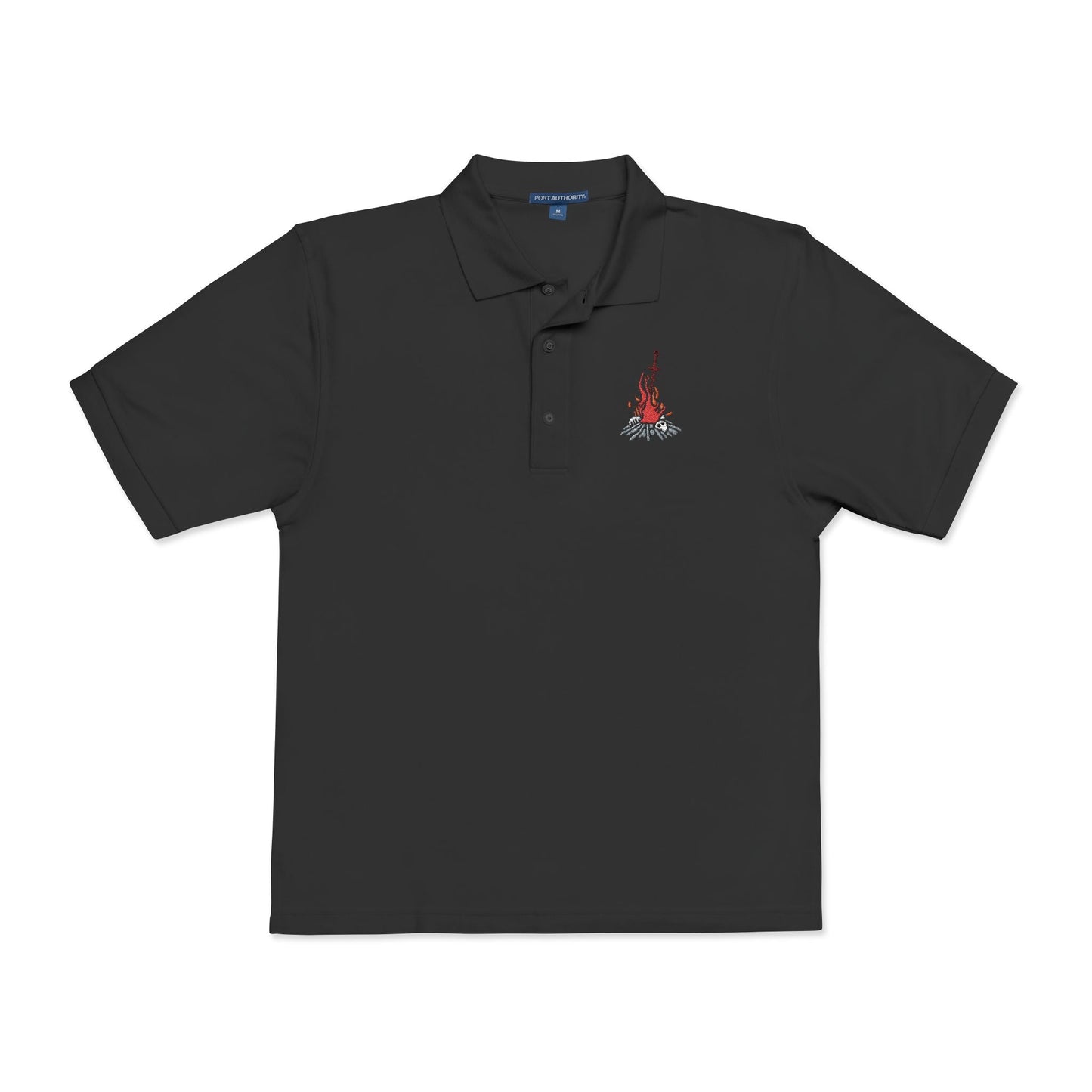 Folded Embroidered T-shirt featuring the iconic Bonfire from Dark Souls, the flickering beacon of safety and rebirth amidst a world of despair. Resting upon a sword impaled in ash, the Bonfire symbolizes fragile hope and sanctuary for the Undead. This design captures the warm glow and solemn beauty of the flame—an eternal reminder of struggle, perseverance, and the cycle of fire and dark.