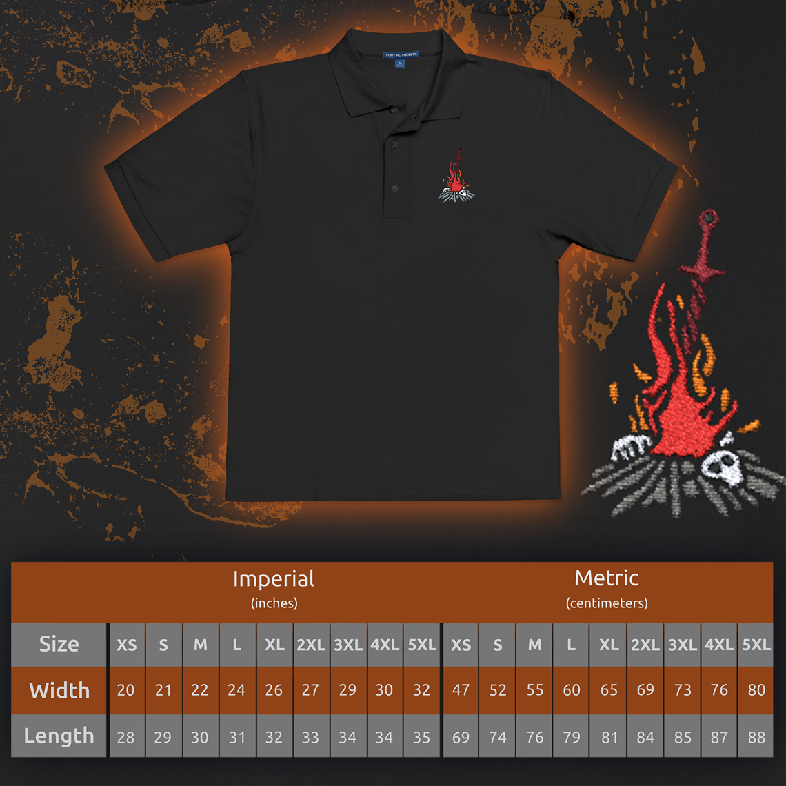 Size chart of a Embroidered T-shirt featuring the iconic Bonfire from Dark Souls, the flickering beacon of safety and rebirth amidst a world of despair. Resting upon a sword impaled in ash, the Bonfire symbolizes fragile hope and sanctuary for the Undead. This design captures the warm glow and solemn beauty of the flame—an eternal reminder of struggle, perseverance, and the cycle of fire and dark.