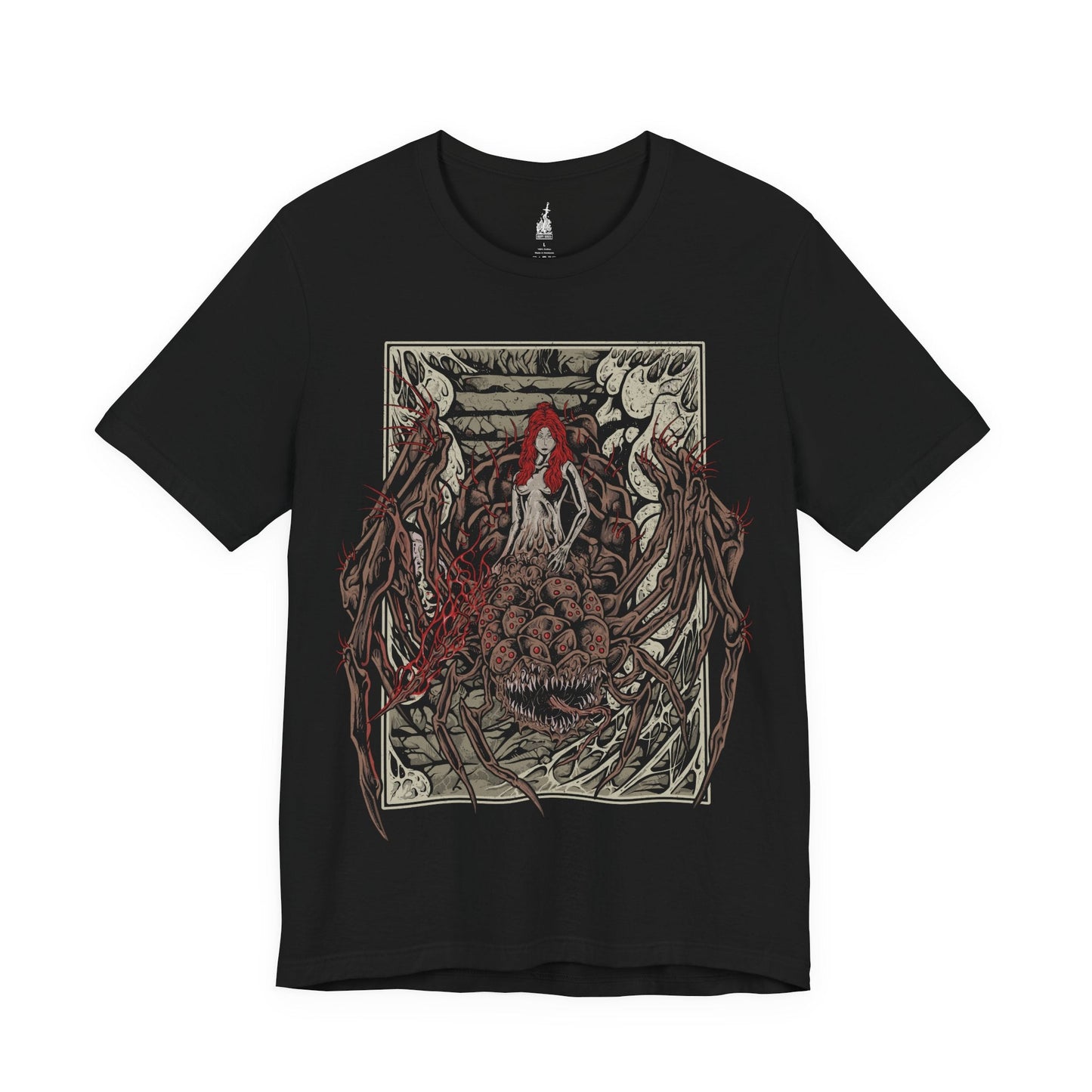 Image 3 of a Black T-shirt featuring Chaos Witch Quelaag from Dark Souls, the fearsome half-woman, half-spider guardian of Blighttown. Twisted by the Chaos Flame, she protects her sister while luring unwary Undead into her lair of fire and poison. This design captures her haunting fusion of beauty and monstrosity, a symbol of sacrifice and corruption.
