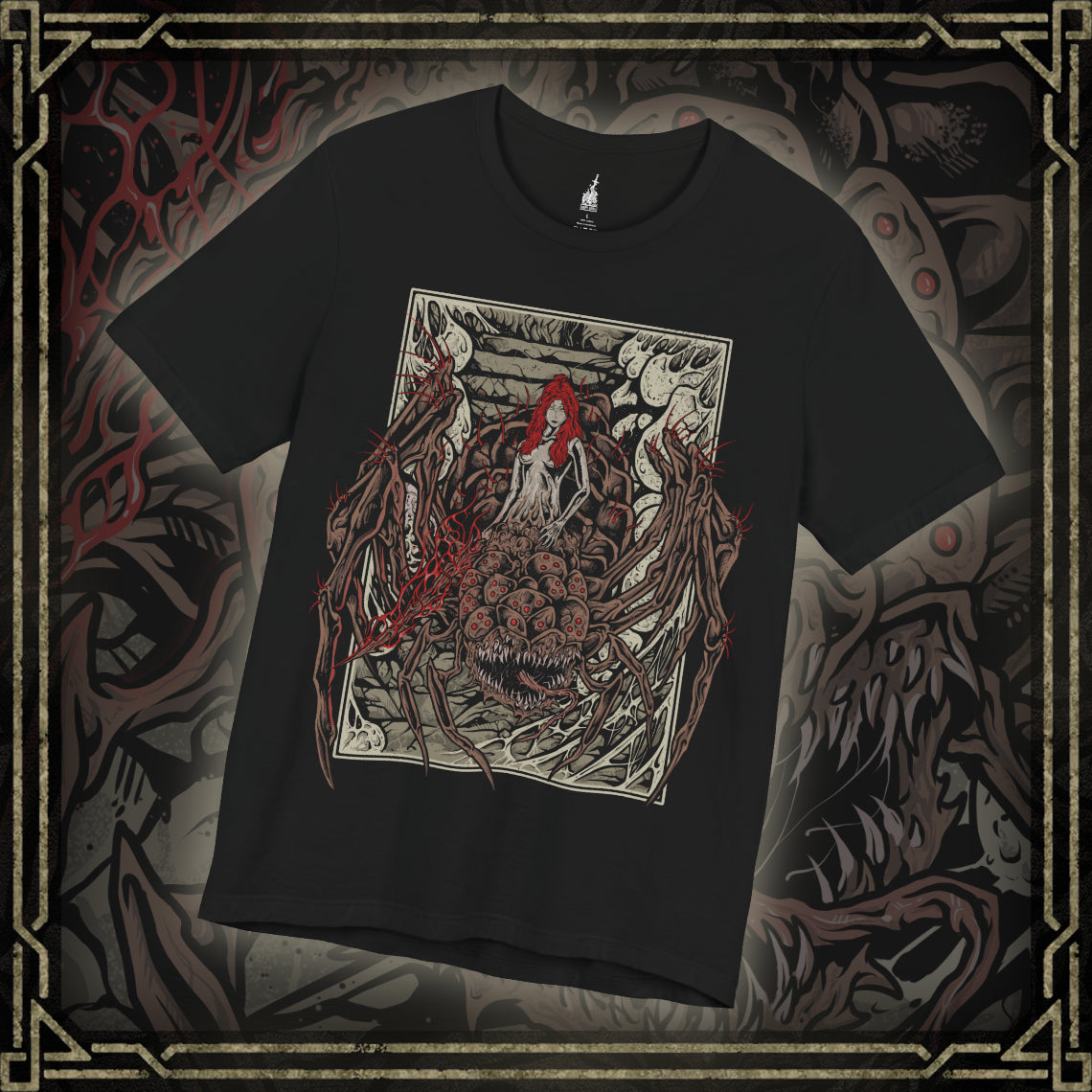 Thumbnail of a T-shirt featuring Chaos Witch Quelaag from Dark Souls, the fearsome half-woman, half-spider guardian of Blighttown. Twisted by the Chaos Flame, she protects her sister while luring unwary Undead into her lair of fire and poison. This design captures her haunting fusion of beauty and monstrosity, a symbol of sacrifice and corruption.