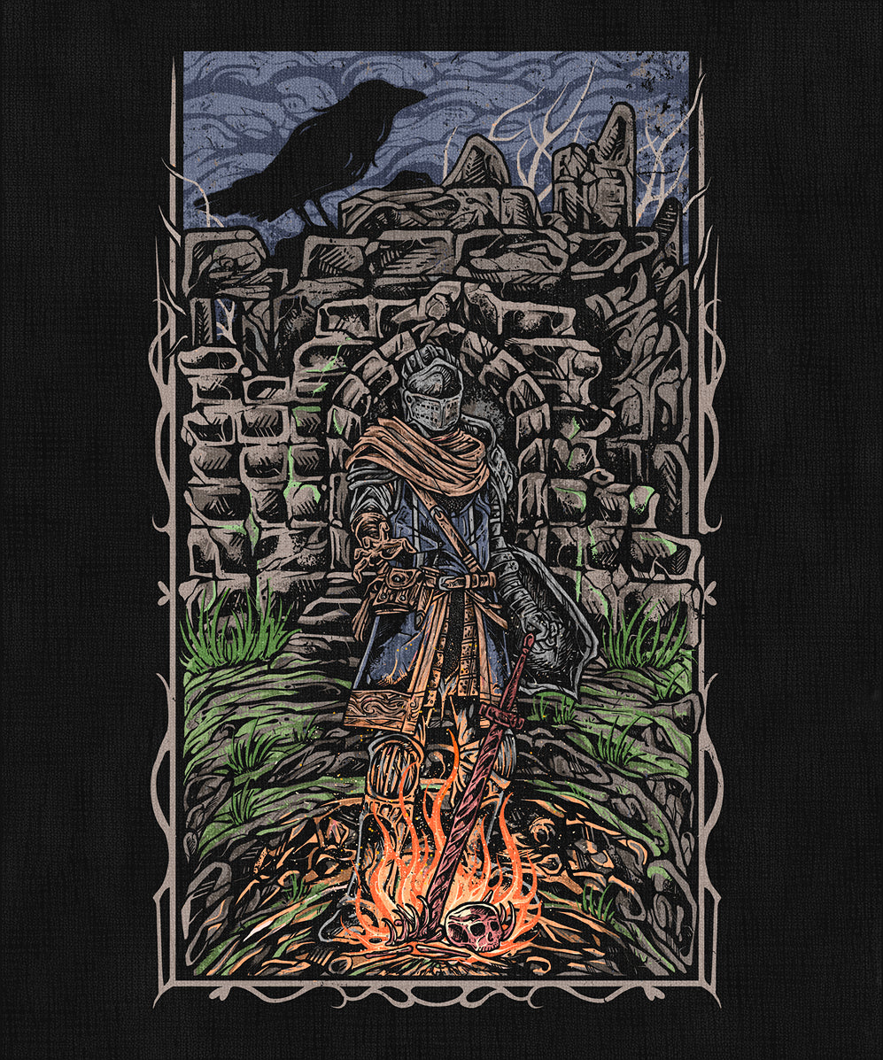 Concept Art of Dark Souls Chosen Undead. The Firelink Shrine serves as the resting ground and gathering point for the Chosen Undead and other lost souls. From this central hub, paths branch into perilous realms, while its bonfire offers fragile hope. It is here the cycle of despair, struggle, and destiny begins in Lordran.