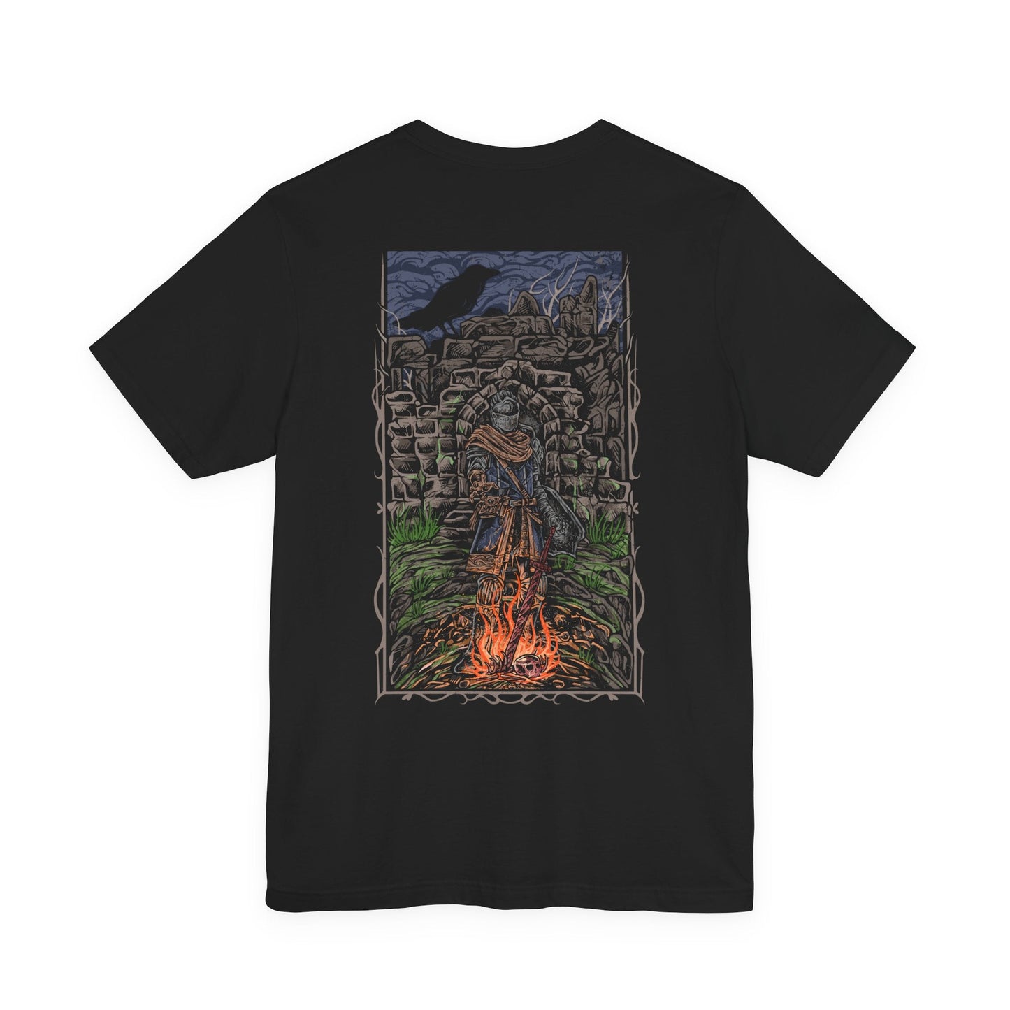 Image 4 of a T-shirt showcasing the Chosen Undead within Firelink Shrine, the central resting place of Dark Souls. Amid the ruined stonework and eternal bonfire, the hero prepares for battles against gods, dragons, and abyssal horrors. This artwork reflects the atmosphere of despair and resolve that defines the Undead’s fated quest.