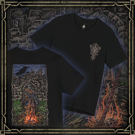 Thumbnail of a T-shirt showcasing the Chosen Undead within Firelink Shrine, the central resting place of Dark Souls. Amid the ruined stonework and eternal bonfire, the hero prepares for battles against gods, dragons, and abyssal horrors. This artwork reflects the atmosphere of despair and resolve that defines the Undead’s fated quest.