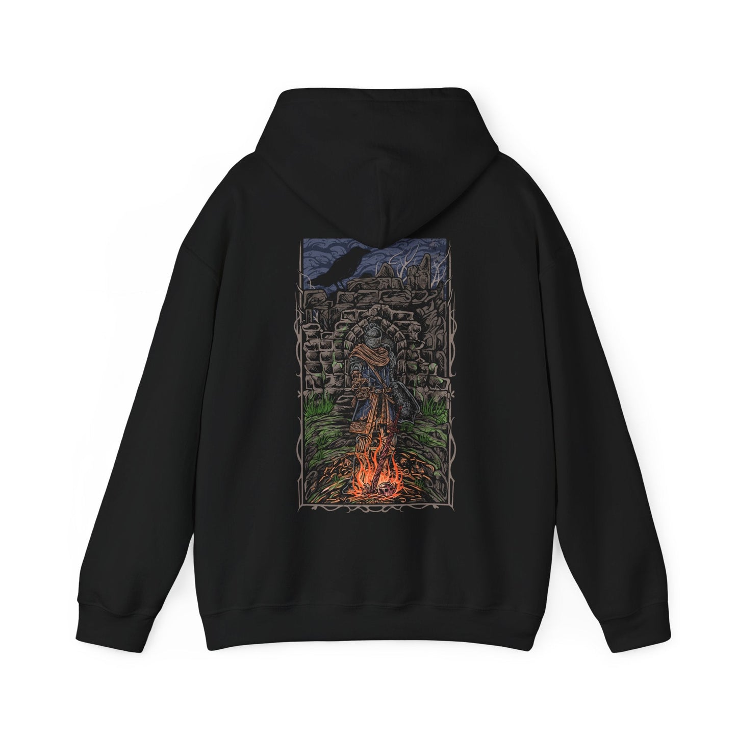 Image 4 of a Dark Souls Hooded Sweatshirt featuring the Chosen Undead at Firelink Shrine, the haunting sanctuary where journeys begin and legends end. With its hollowed architecture and ever-burning flame, the shrine stands as both home and reminder of destiny. This design honors the cursed warrior’s role in shaping the Age of Fire and beyond.