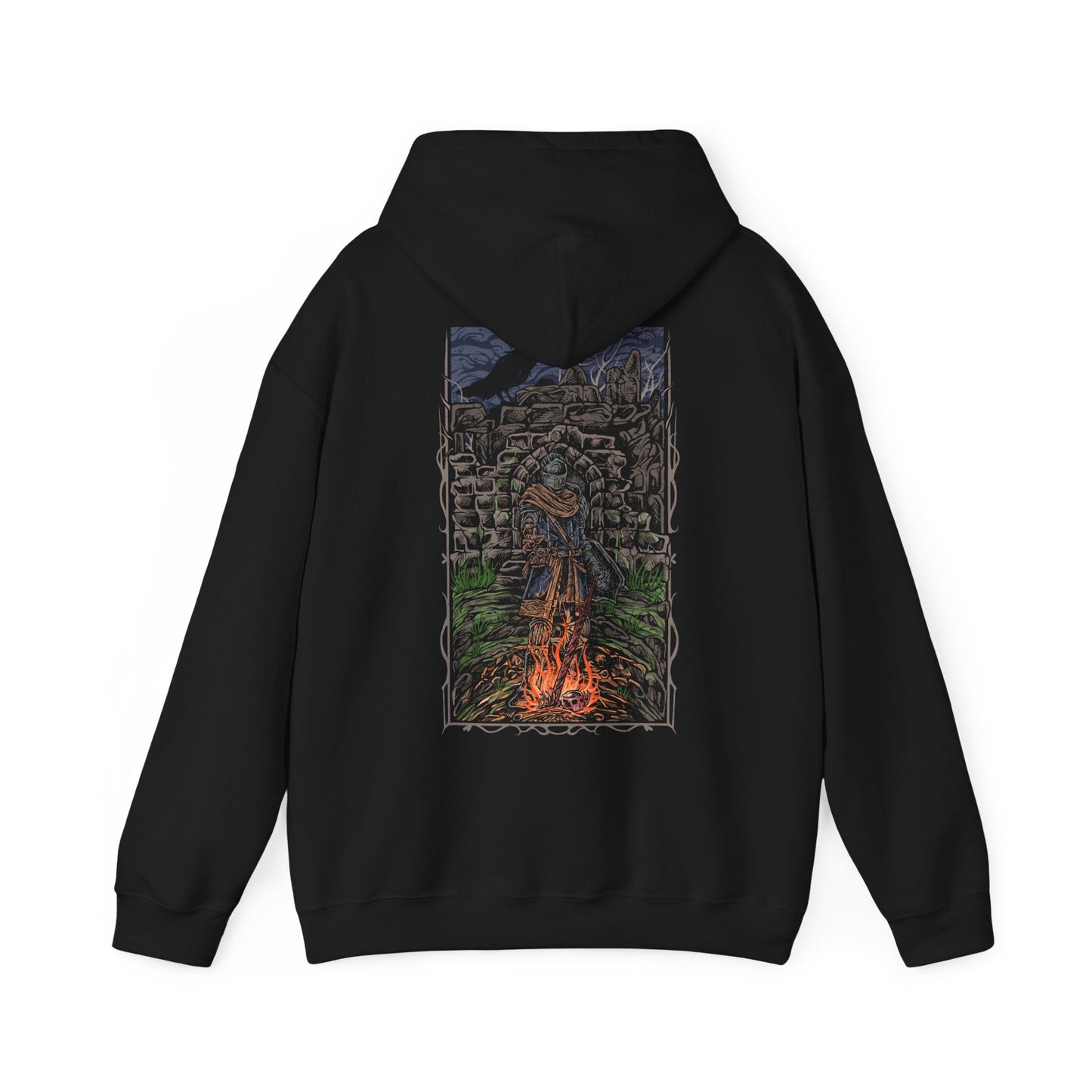Image 5 of a Dark Souls Hooded Sweatshirt featuring the Chosen Undead at Firelink Shrine, the haunting sanctuary where journeys begin and legends end. With its hollowed architecture and ever-burning flame, the shrine stands as both home and reminder of destiny. This design honors the cursed warrior’s role in shaping the Age of Fire and beyond.