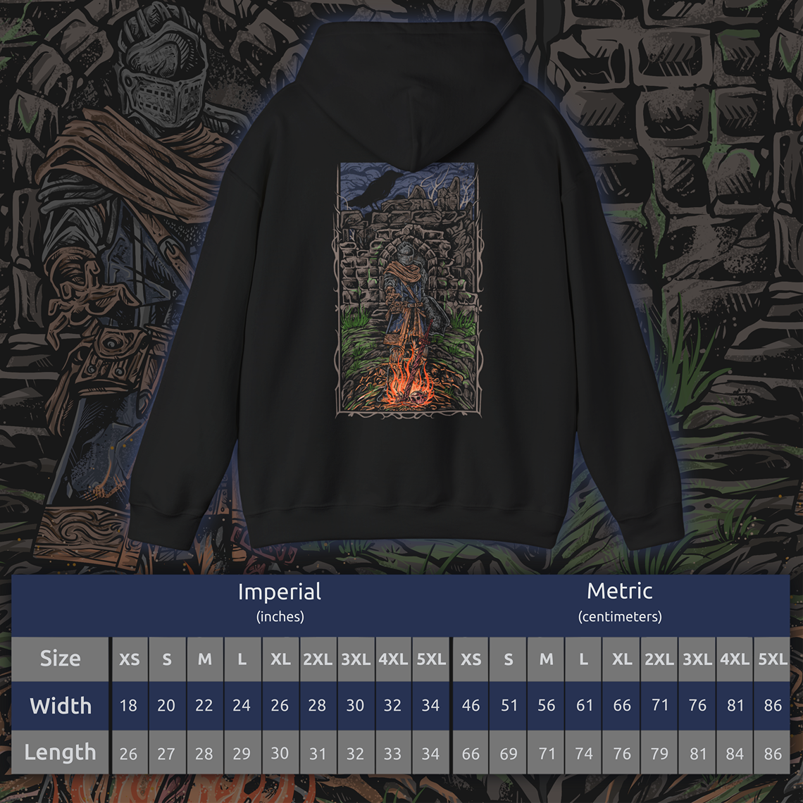 Size chart of a Dark Souls Hooded Sweatshirt featuring the Chosen Undead at Firelink Shrine, the haunting sanctuary where journeys begin and legends end. With its hollowed architecture and ever-burning flame, the shrine stands as both home and reminder of destiny. This design honors the cursed warrior’s role in shaping the Age of Fire and beyond.