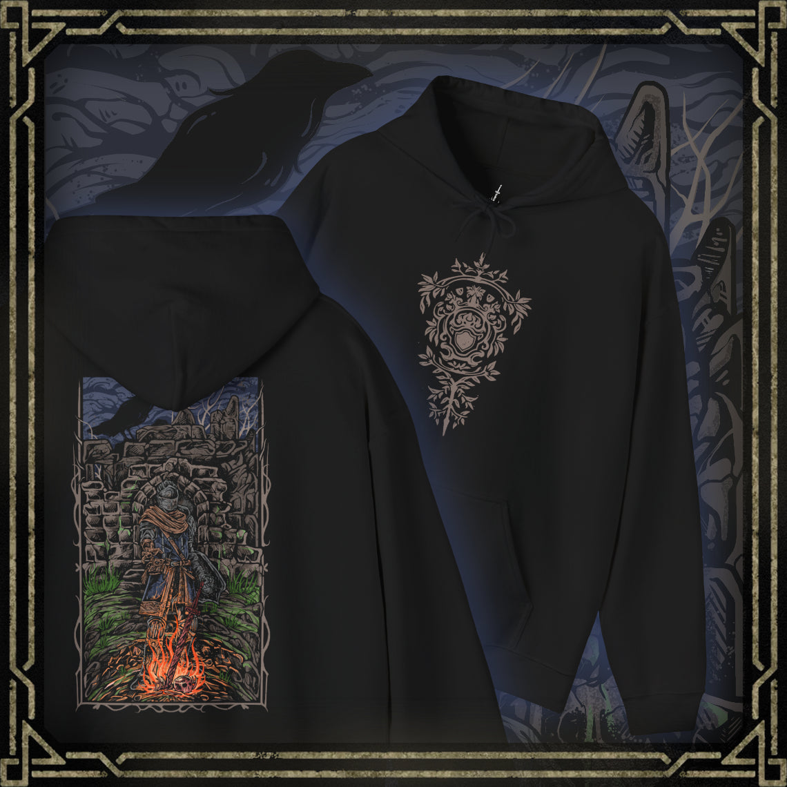 Thumbnail of a Dark Souls Hooded Sweatshirt featuring the Chosen Undead at Firelink Shrine, the haunting sanctuary where journeys begin and legends end. With its hollowed architecture and ever-burning flame, the shrine stands as both home and reminder of destiny. This design honors the cursed warrior’s role in shaping the Age of Fire and beyond.