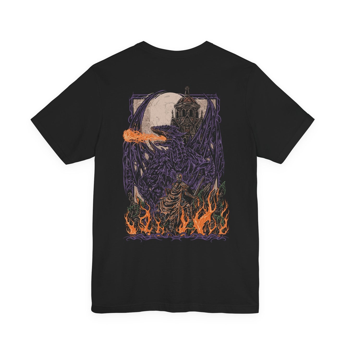 Image 4 of a T-shirt showcasing Darkeater Midir, the colossal guardian dragon from Dark Souls III who endlessly devours the Abyss to protect the gods. Corrupted by the darkness he hunted, Midir now roams the depths of the Ringed City, both victim and monster. This artwork reflects his overwhelming power and the sorrow of his cursed duty.