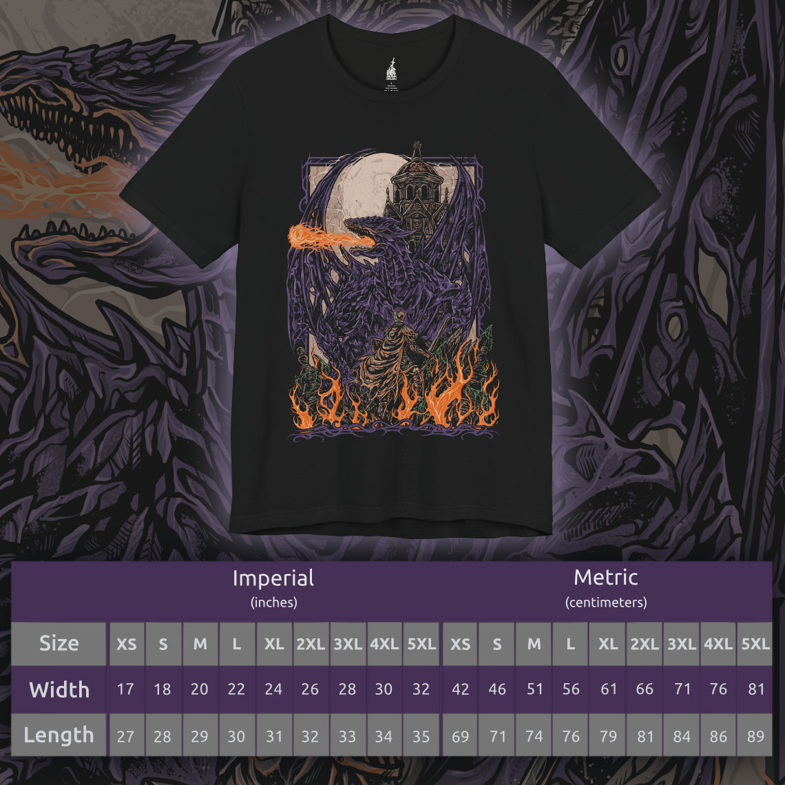 Size chart of a T-shirt showcasing Darkeater Midir, the colossal guardian dragon from Dark Souls III who endlessly devours the Abyss to protect the gods. Corrupted by the darkness he hunted, Midir now roams the depths of the Ringed City, both victim and monster. This artwork reflects his overwhelming power and the sorrow of his cursed duty.