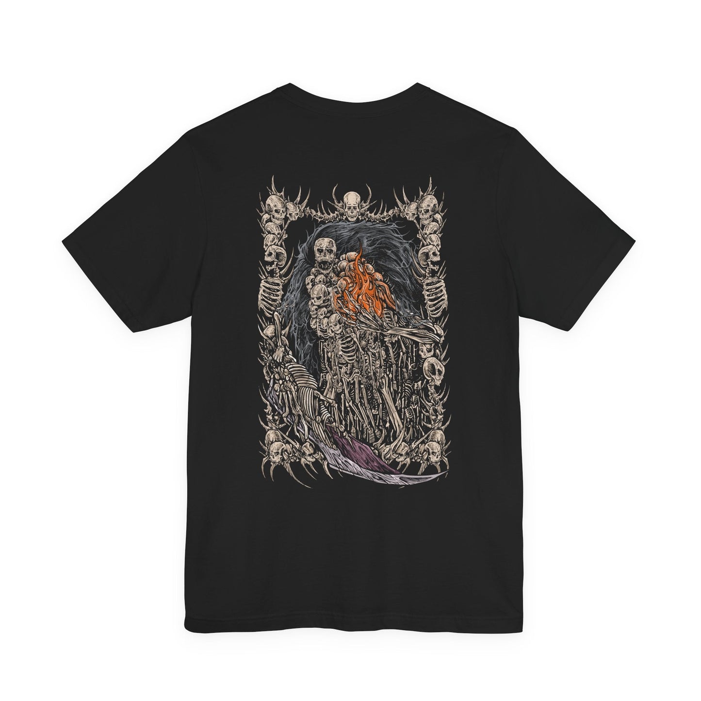 Image 4 of a T-shirt featuring Gravelord Nito from Dark Souls, the first of the dead and one of the original Lords who claimed the power of death itself. Cloaked in a mass of bones and shadows, Nito rules the Tomb of the Giants in silence. This design captures his chilling presence and the skeletal dread that seeps from his domain.