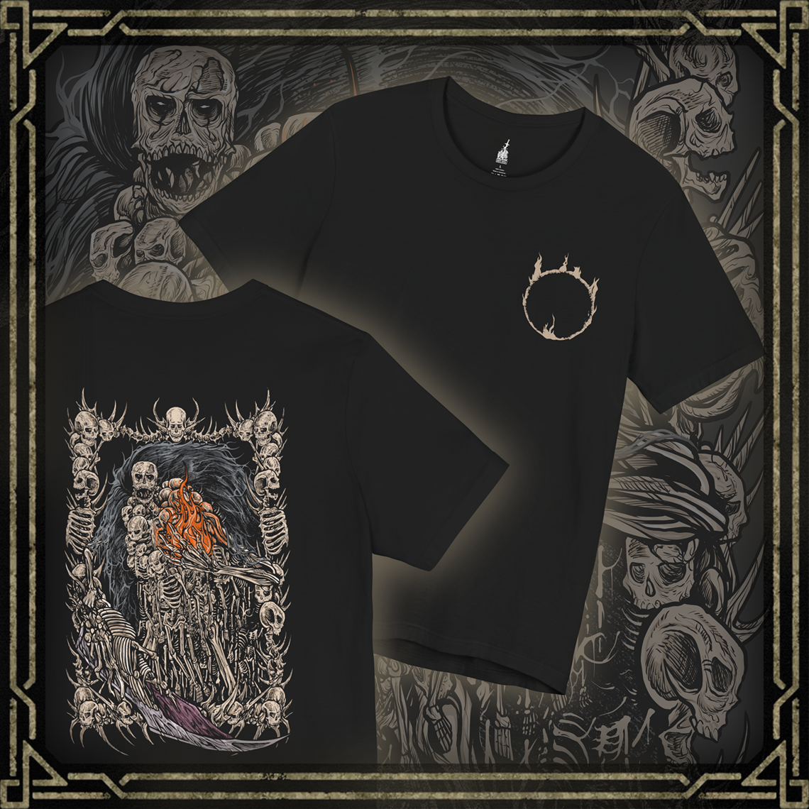 Thumbnail of a T-shirt featuring Gravelord Nito from Dark Souls, the first of the dead and one of the original Lords who claimed the power of death itself. Cloaked in a mass of bones and shadows, Nito rules the Tomb of the Giants in silence. This design captures his chilling presence and the skeletal dread that seeps from his domain.
