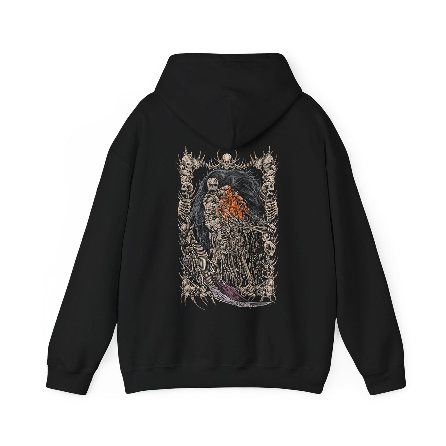 Image 4 of a Hooded Sweatshirt showcasing Nito, the Gravelord, a primordial being in Dark Souls who holds dominion over death and decay. His corpse-wrapped form and bone scythe symbolize the inevitable end awaiting all. This artwork evokes the chilling reverence of one of the original Lords who shaped the Age of Fire through dark power.