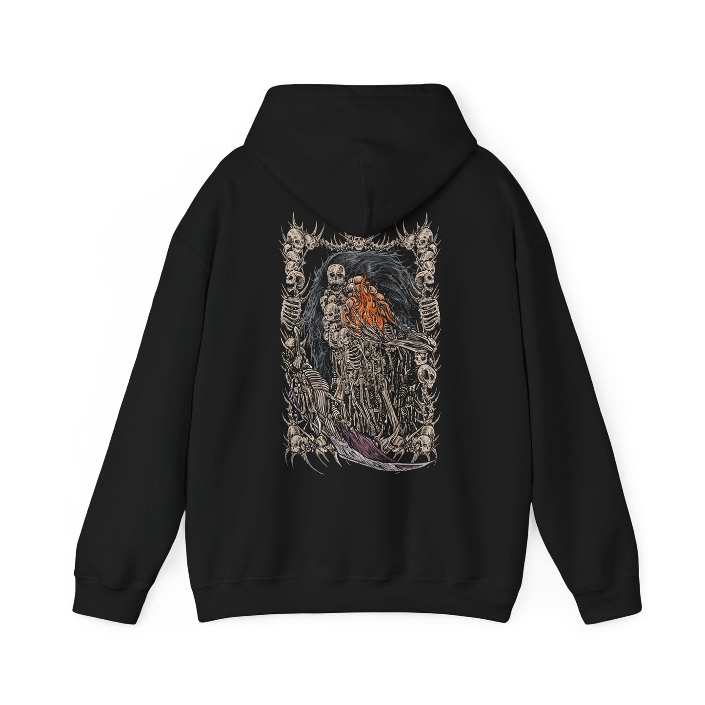 Image 5 of a Hooded Sweatshirt showcasing Nito, the Gravelord, a primordial being in Dark Souls who holds dominion over death and decay. His corpse-wrapped form and bone scythe symbolize the inevitable end awaiting all. This artwork evokes the chilling reverence of one of the original Lords who shaped the Age of Fire through dark power.