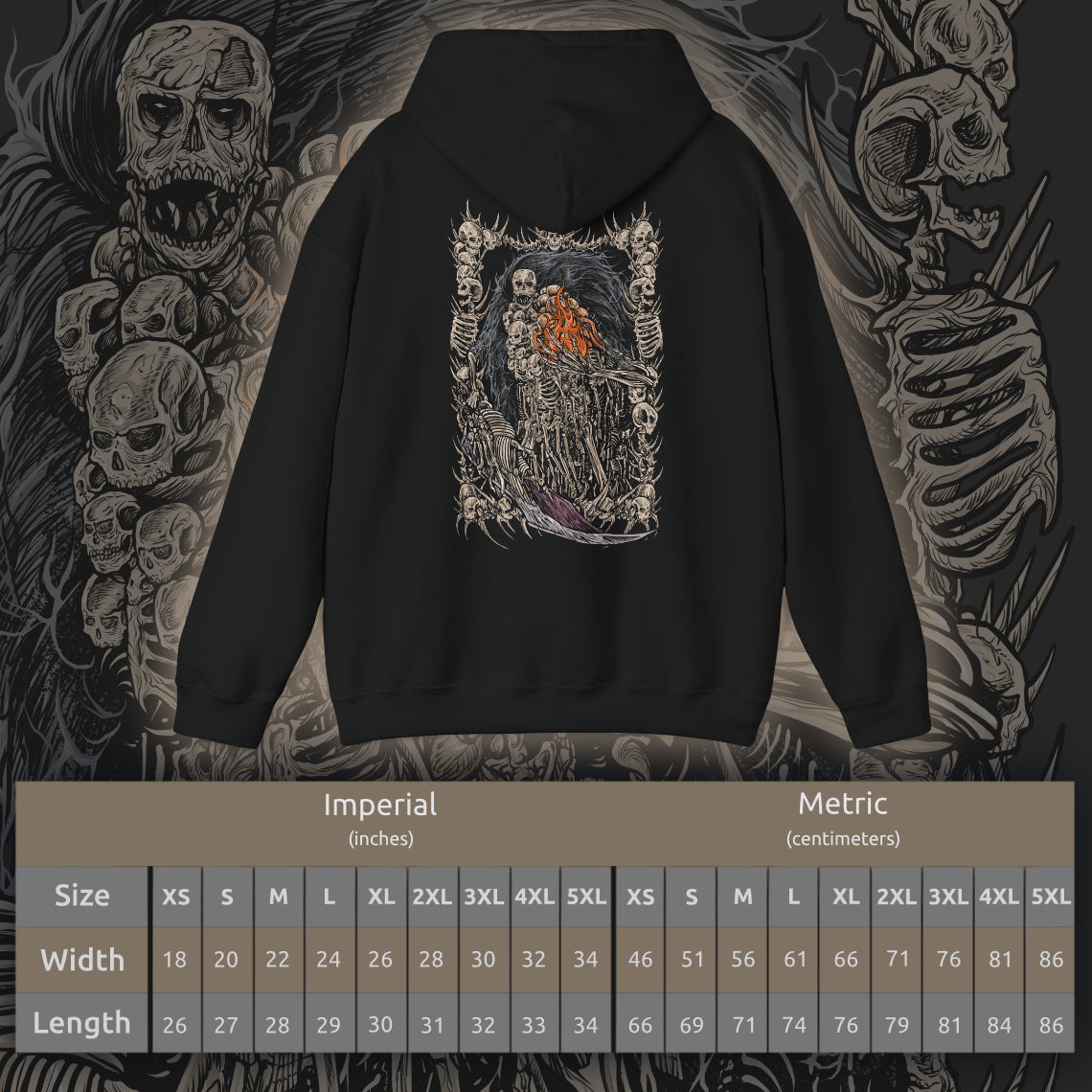 Size chart of a Hooded Sweatshirt showcasing Nito, the Gravelord, a primordial being in Dark Souls who holds dominion over death and decay. His corpse-wrapped form and bone scythe symbolize the inevitable end awaiting all. This artwork evokes the chilling reverence of one of the original Lords who shaped the Age of Fire through dark power.