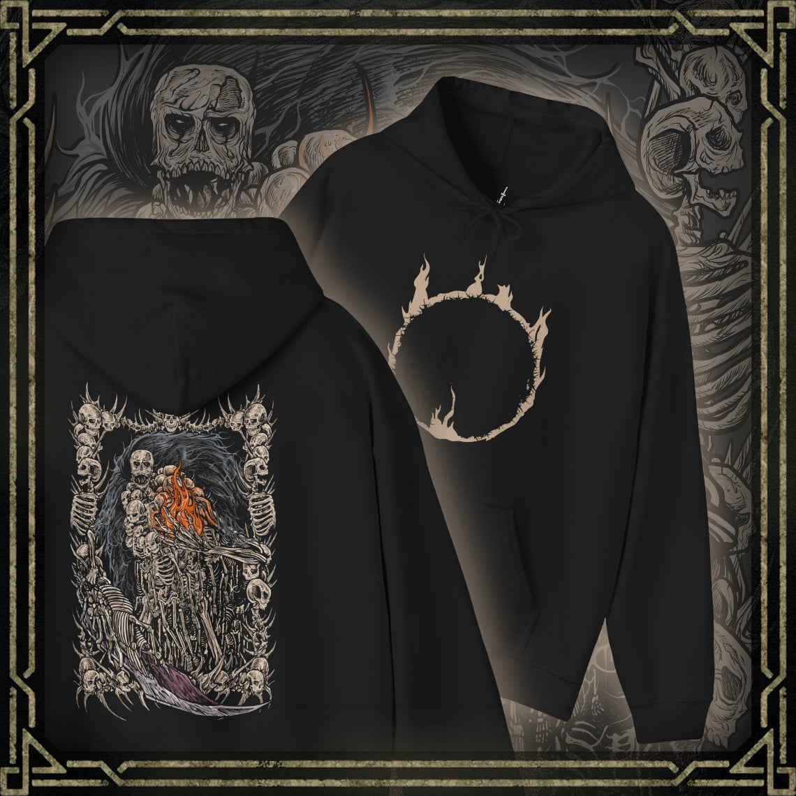 Thumbnail of a Hooded Sweatshirt showcasing Nito, the Gravelord, a primordial being in Dark Souls who holds dominion over death and decay. His corpse-wrapped form and bone scythe symbolize the inevitable end awaiting all. This artwork evokes the chilling reverence of one of the original Lords who shaped the Age of Fire through dark power.