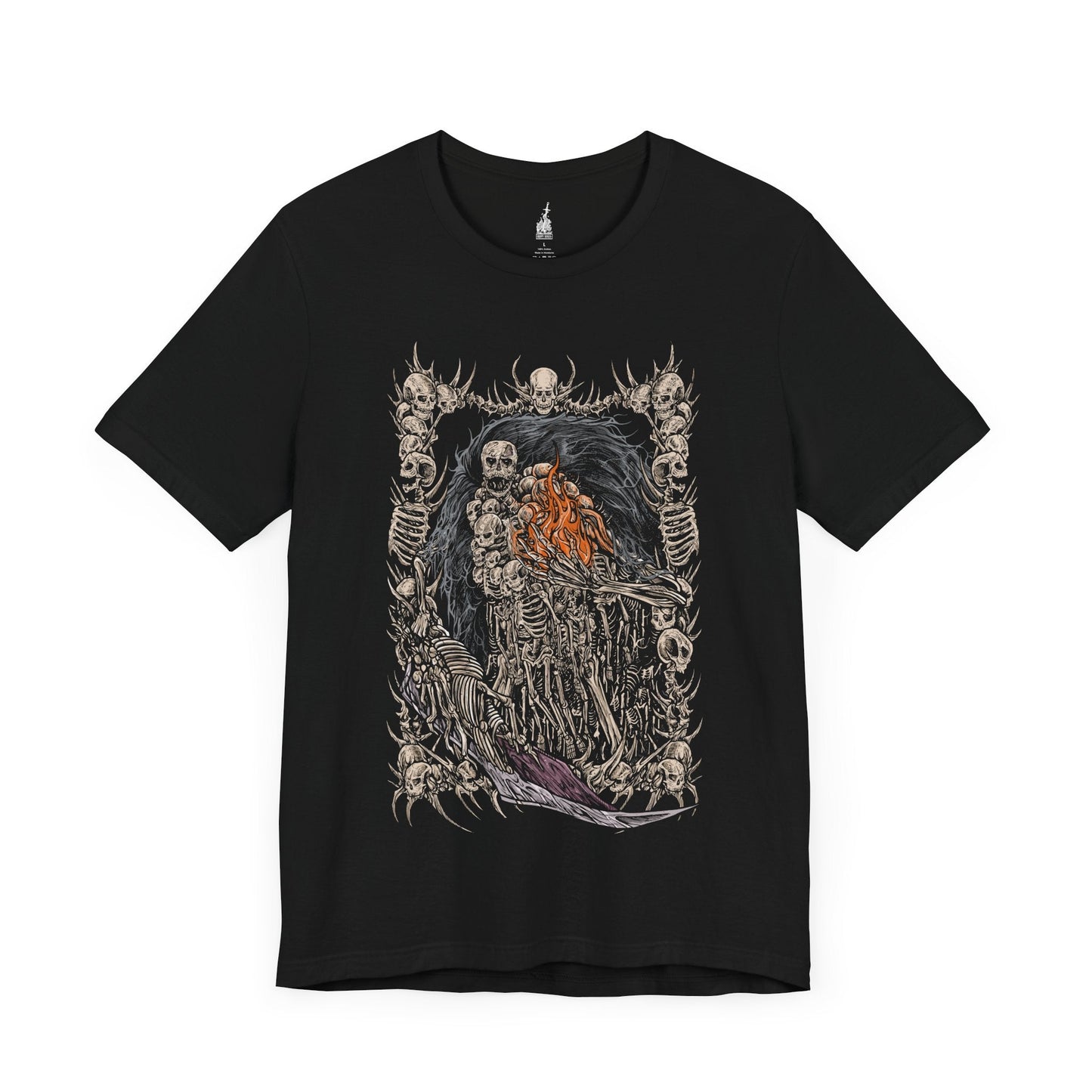 Image 3 of a Black T-shirt featuring Gravelord Nito from Dark Souls, the First of the Dead and lord of death itself. Shrouded in a cloak of bones and shadows, Nito commands miasma and disease, resting deep within the Tomb of the Giants. This design captures his skeletal majesty and the eerie calm of the lord who first brought death to the world.