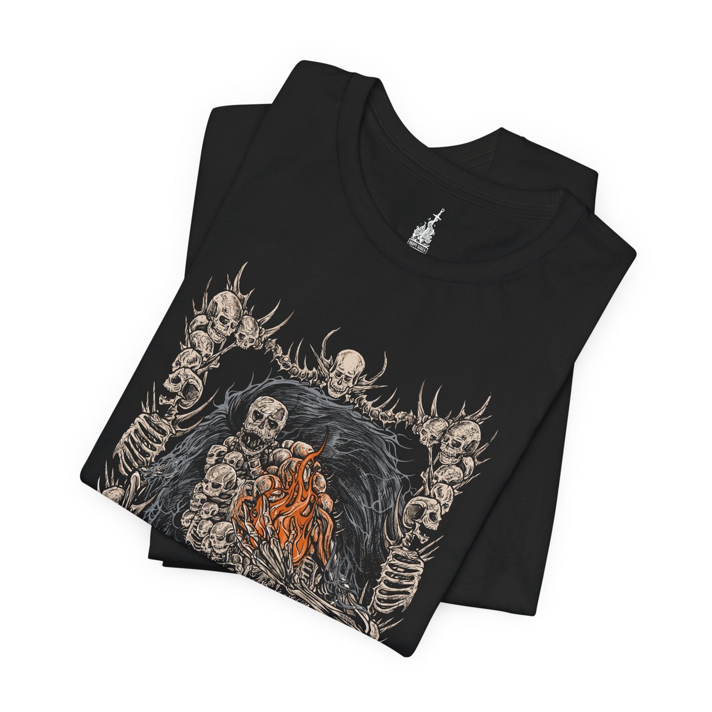 Folded T-shirt featuring Gravelord Nito from Dark Souls, the First of the Dead and lord of death itself. Shrouded in a cloak of bones and shadows, Nito commands miasma and disease, resting deep within the Tomb of the Giants. This design captures his skeletal majesty and the eerie calm of the lord who first brought death to the world.