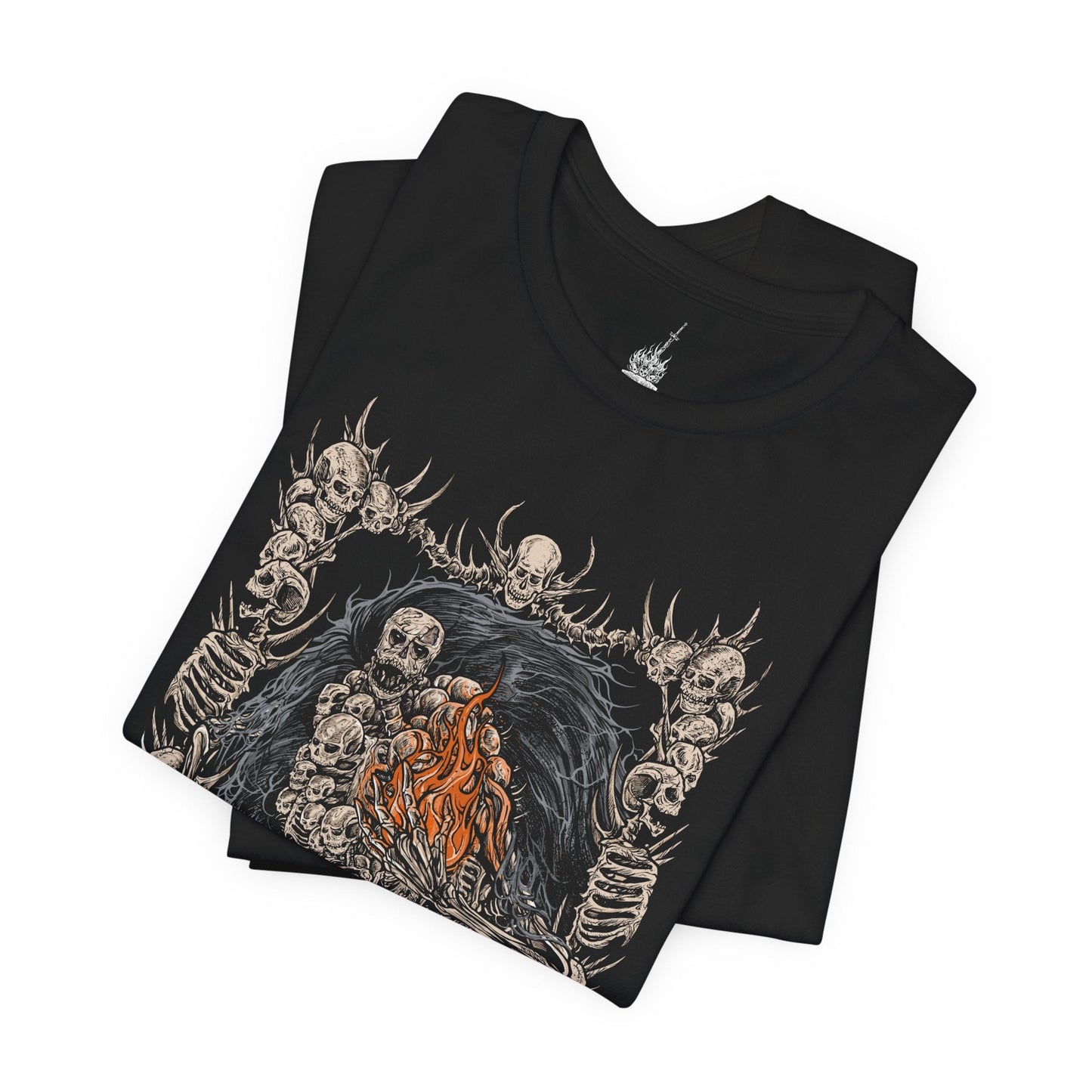 Folded T-shirt featuring Gravelord Nito from Dark Souls, the First of the Dead and lord of death itself. Shrouded in a cloak of bones and shadows, Nito commands miasma and disease, resting deep within the Tomb of the Giants. This design captures his skeletal majesty and the eerie calm of the lord who first brought death to the world.