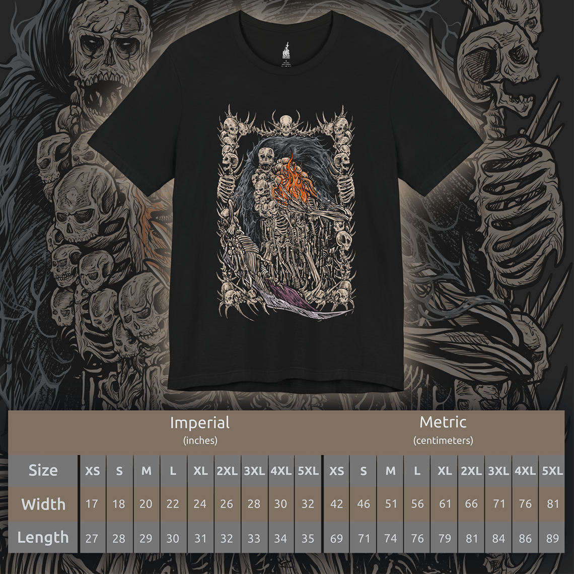 Size chart of a T-shirt featuring Gravelord Nito from Dark Souls, the First of the Dead and lord of death itself. Shrouded in a cloak of bones and shadows, Nito commands miasma and disease, resting deep within the Tomb of the Giants. This design captures his skeletal majesty and the eerie calm of the lord who first brought death to the world.