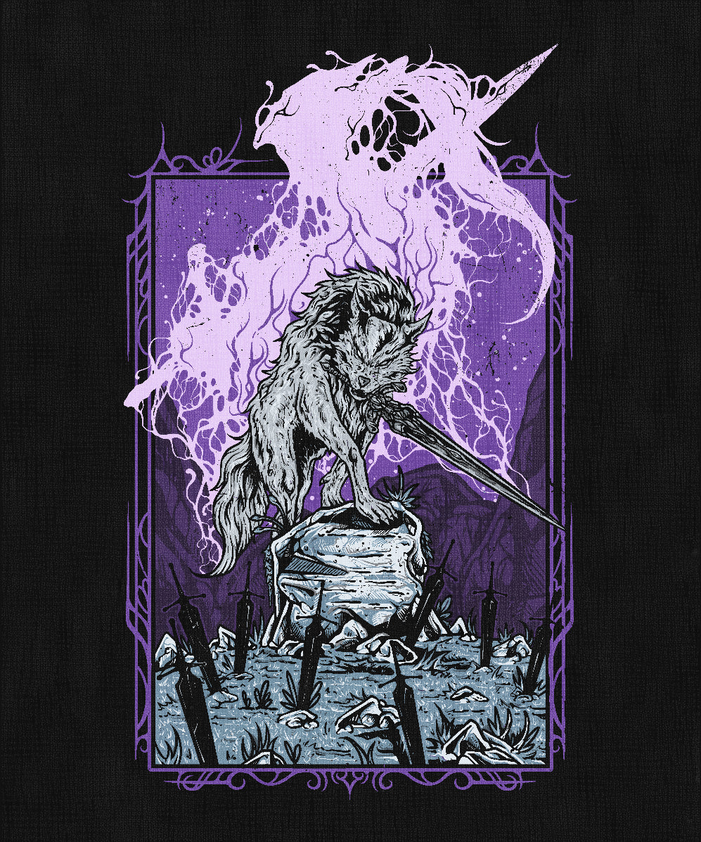 Concept Art of Dark Souls Great Gray Wolf Sif. Bound by loyalty, Sif guards Artorias’ resting place for eternity, wielding his sword to honor the knight’s legacy. His immense size and noble heart make him both majestic and sorrowful. Defeating Sif is not just a battle — it’s an emotional farewell, a story of companionship, courage, and sacrifice that echoes through the fading light of Dark Souls.