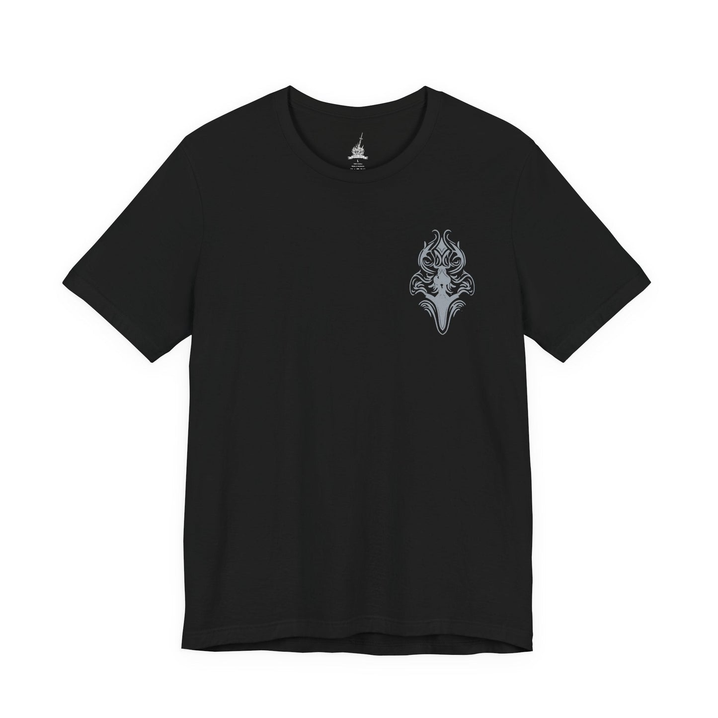 Image 4 of a Dark Souls T-shirt showcasing Great Gray Wolf Sif, the majestic guardian who protects the resting place of Artorias. Her haunting howl echoes through the forest, a mournful tribute to a bond unbroken by death. This artwork embodies her graceful strength and the bittersweet tragedy that defines her legendary battle.