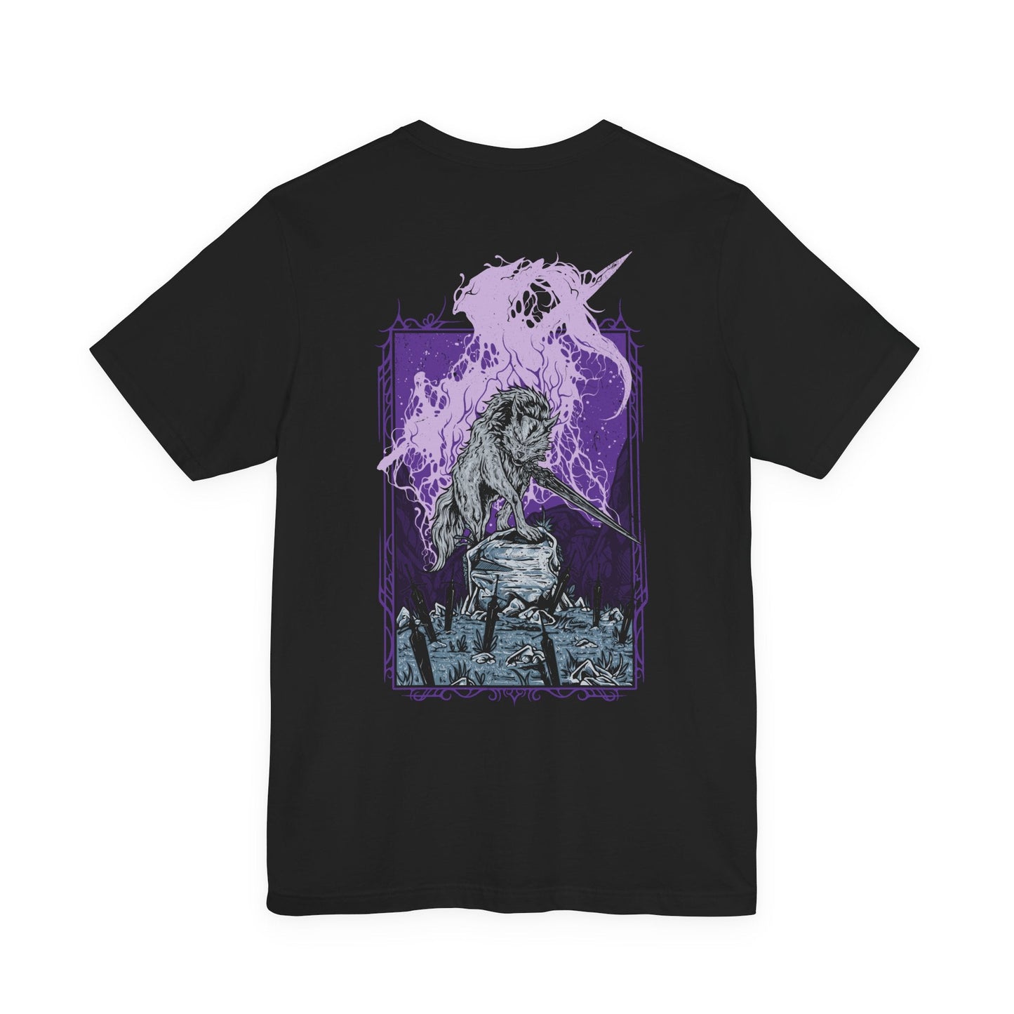 Image 5 of a Dark Souls T-shirt showcasing Great Gray Wolf Sif, the majestic guardian who protects the resting place of Artorias. Her haunting howl echoes through the forest, a mournful tribute to a bond unbroken by death. This artwork embodies her graceful strength and the bittersweet tragedy that defines her legendary battle.