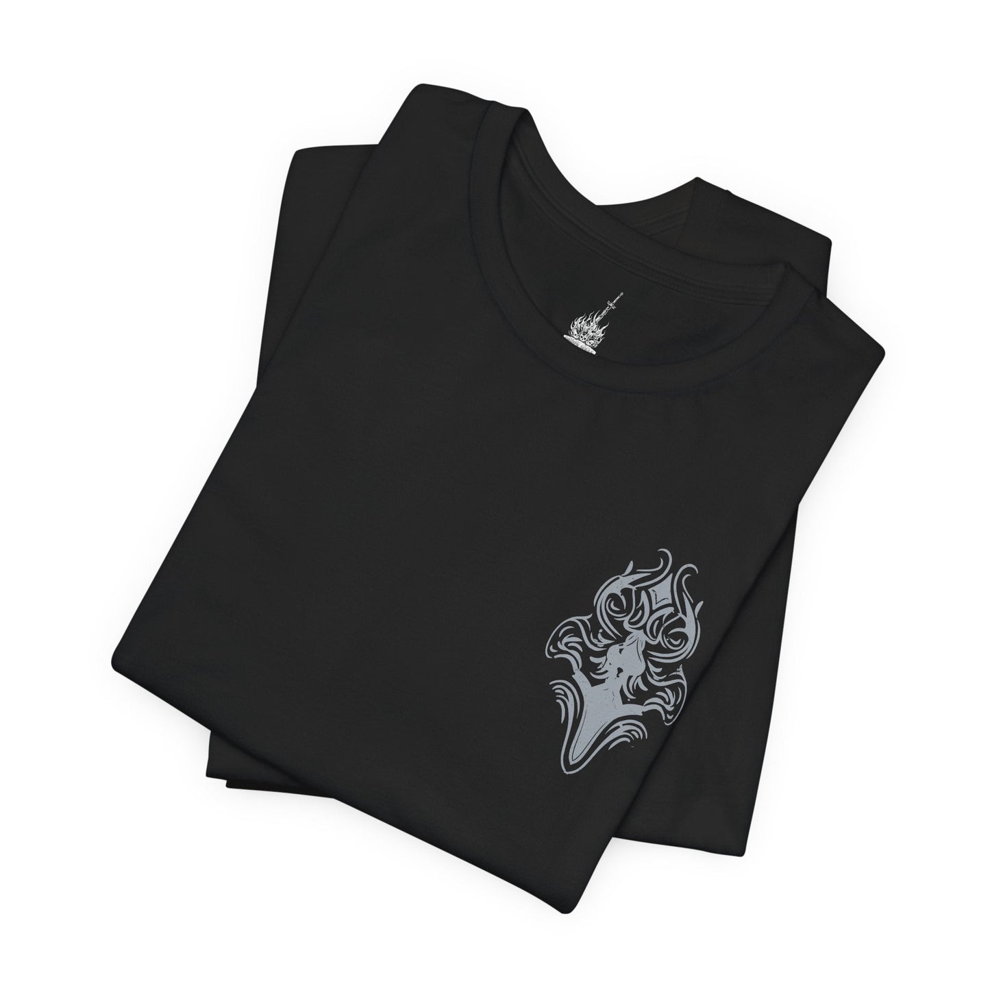 Folded Dark Souls T-shirt showcasing Great Gray Wolf Sif, the majestic guardian who protects the resting place of Artorias. Her haunting howl echoes through the forest, a mournful tribute to a bond unbroken by death. This artwork embodies her graceful strength and the bittersweet tragedy that defines her legendary battle.
