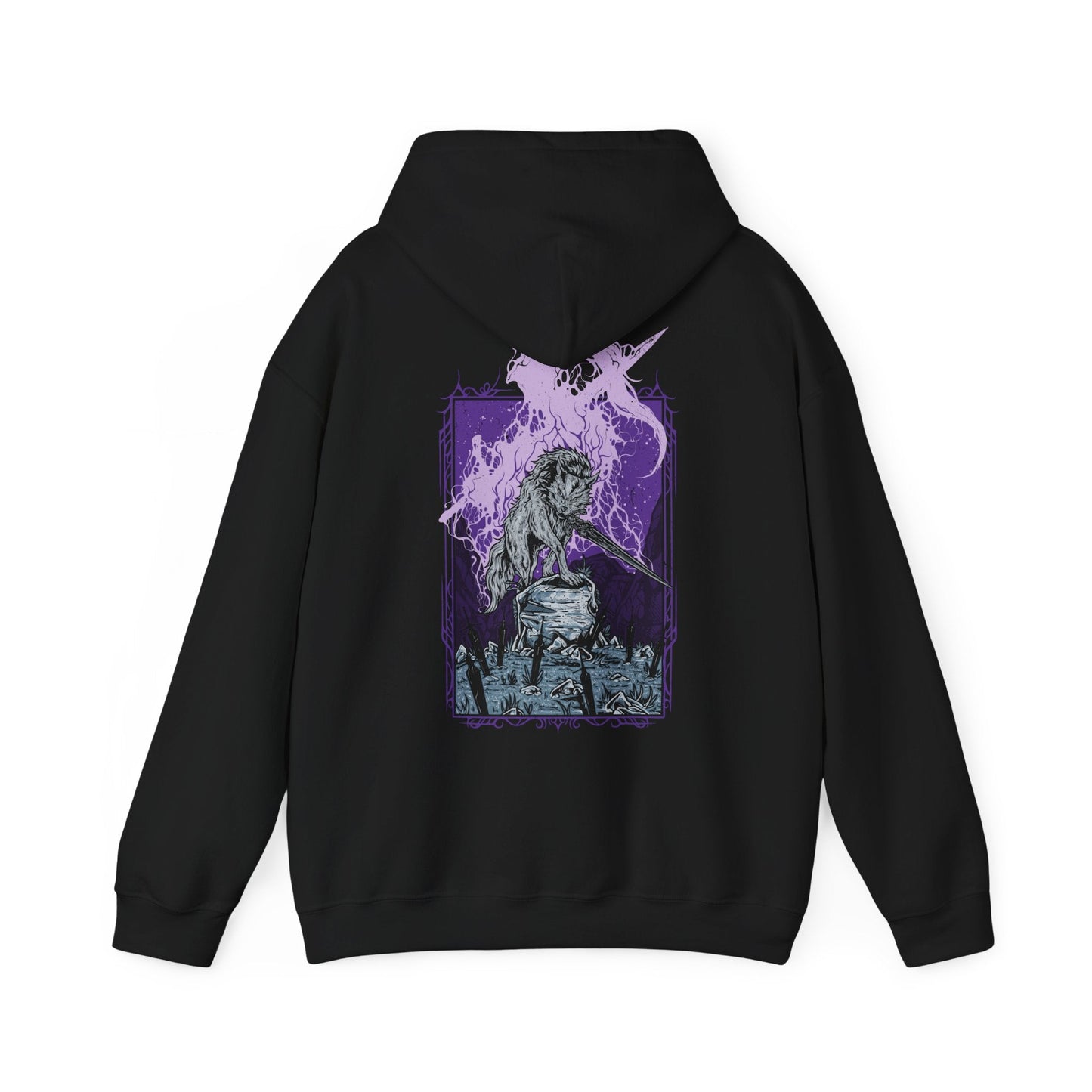 Image 5 of a Hooded Sweatshirt featuring Great Gray Wolf Sif from Dark Souls, the enormous wolf who fights to protect the grave of her fallen master, Artorias. Bearing his massive sword in her jaws, Sif stands as one of the most emotional and memorable bosses in the series. This design honors her loyalty, strength, and the enduring bond between hunter and companion.