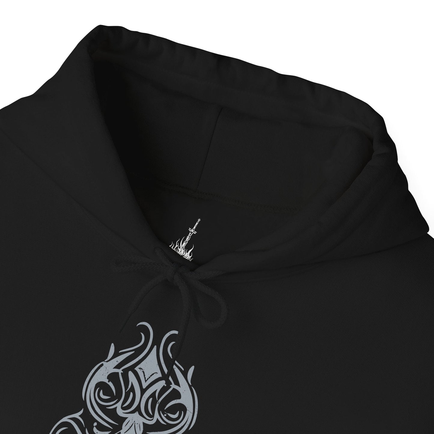 Folded Hooded Sweatshirt featuring Great Gray Wolf Sif from Dark Souls, the enormous wolf who fights to protect the grave of her fallen master, Artorias. Bearing his massive sword in her jaws, Sif stands as one of the most emotional and memorable bosses in the series. This design honors her loyalty, strength, and the enduring bond between hunter and companion.