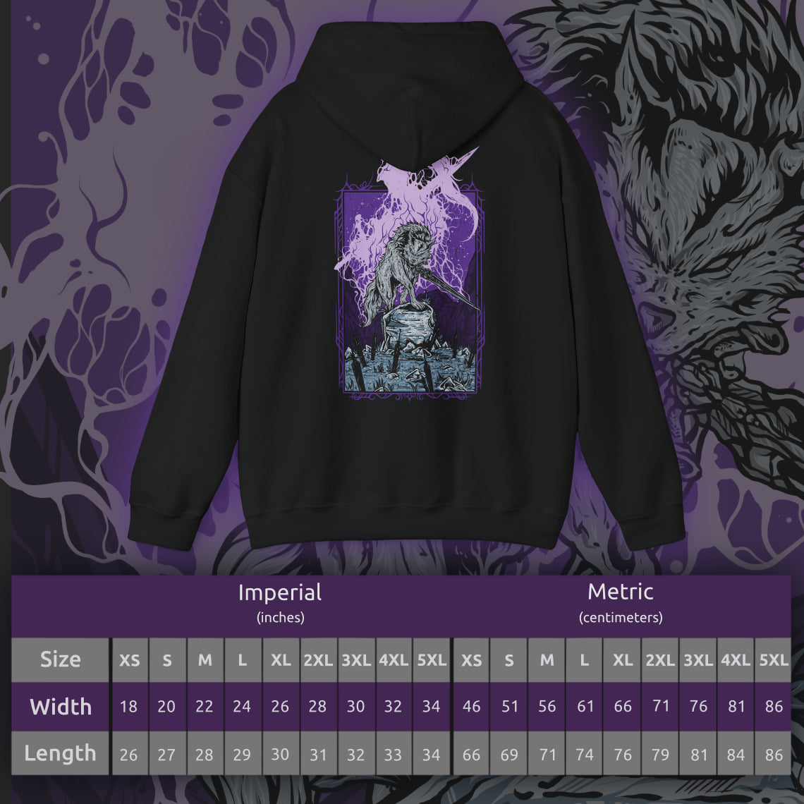 Size chart of a Hooded Sweatshirt featuring Great Gray Wolf Sif from Dark Souls, the enormous wolf who fights to protect the grave of her fallen master, Artorias. Bearing his massive sword in her jaws, Sif stands as one of the most emotional and memorable bosses in the series. This design honors her loyalty, strength, and the enduring bond between hunter and companion.