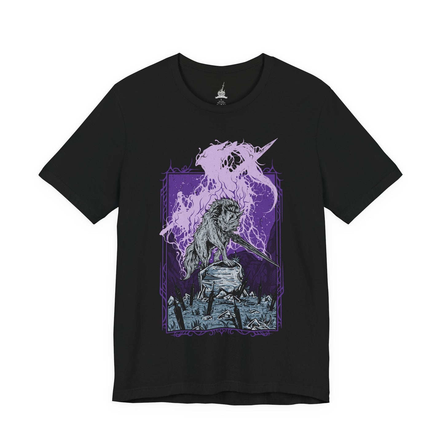 Image 4 of a T-shirt featuring Great Gray Wolf Sif from Dark Souls, the loyal companion of Artorias the Abysswalker. Wielding the Greatsword of her fallen master, Sif guards his grave deep within the dark forest, defending his honor with unwavering devotion. This design captures her tragic beauty and noble spirit—a symbol of loyalty, courage, and sorrow.