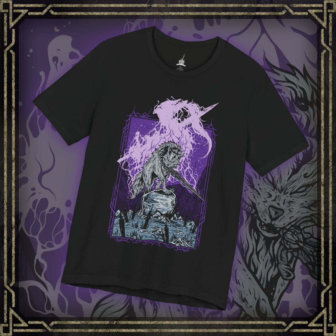 Thumbnail of a T-shirt featuring Great Gray Wolf Sif from Dark Souls, the loyal companion of Artorias the Abysswalker. Wielding the Greatsword of her fallen master, Sif guards his grave deep within the dark forest, defending his honor with unwavering devotion. This design captures her tragic beauty and noble spirit—a symbol of loyalty, courage, and sorrow.