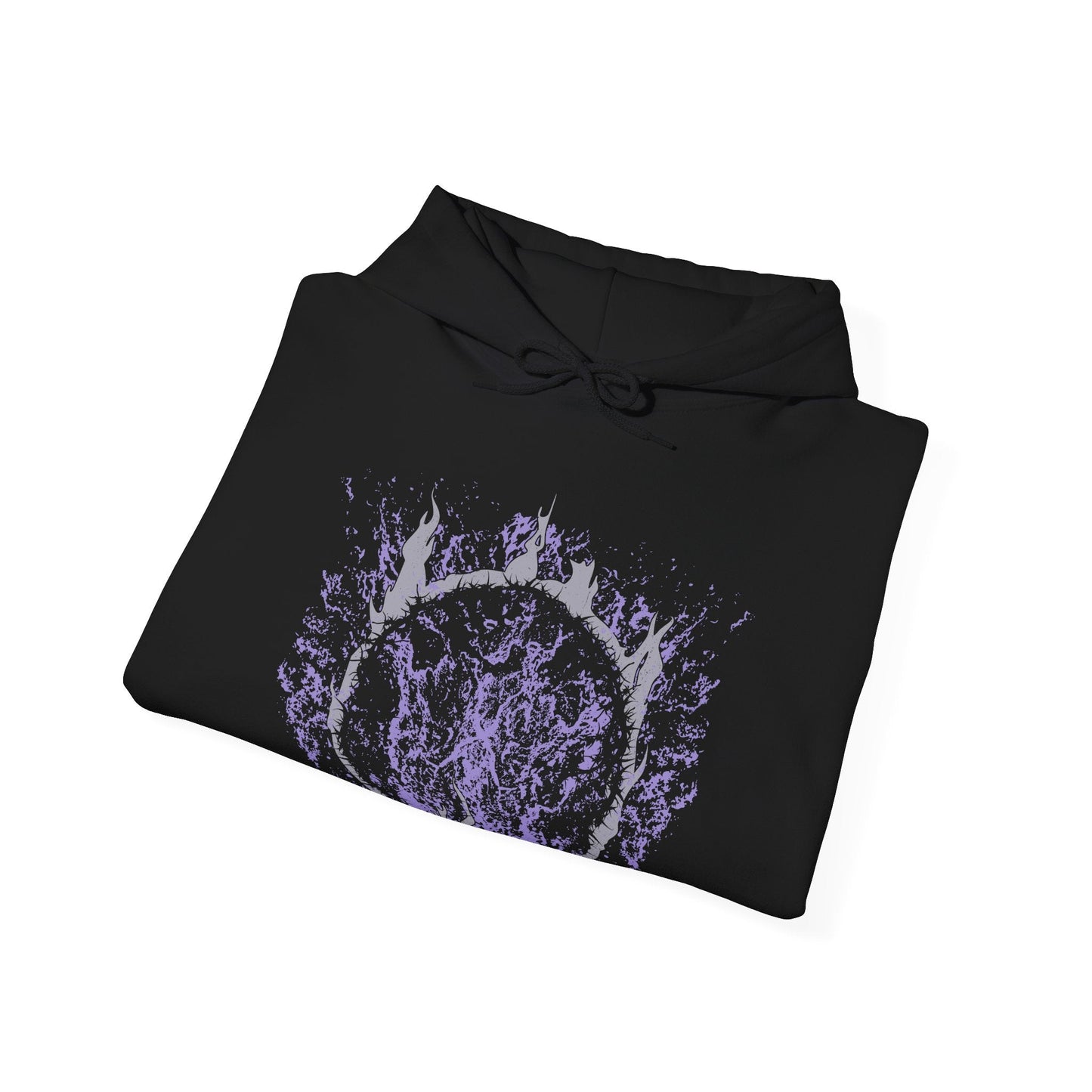 Folded Hooded Sweatshirt showcasing Manus, the Father of the Abyss, a corrupted being born of humanity gone mad in Dark Souls. His monstrous arm and voidlike presence symbolize the destructive hunger of unbound emotion. This artwork channels the sorrow and fury that drove him to consume the kingdom of Oolacile in darkness.
