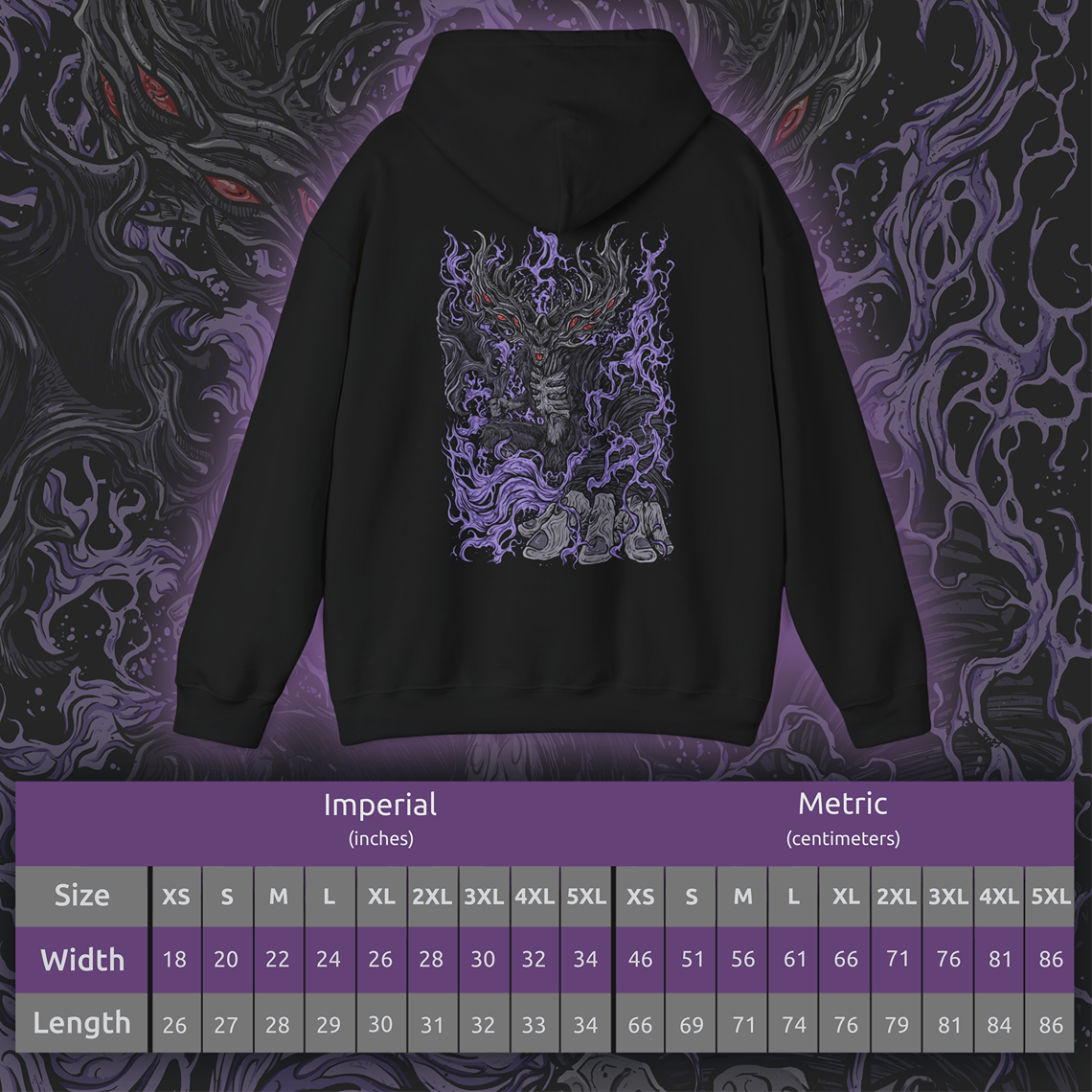 Size chart of a Hooded Sweatshirt showcasing Manus, the Father of the Abyss, a corrupted being born of humanity gone mad in Dark Souls. His monstrous arm and voidlike presence symbolize the destructive hunger of unbound emotion. This artwork channels the sorrow and fury that drove him to consume the kingdom of Oolacile in darkness.