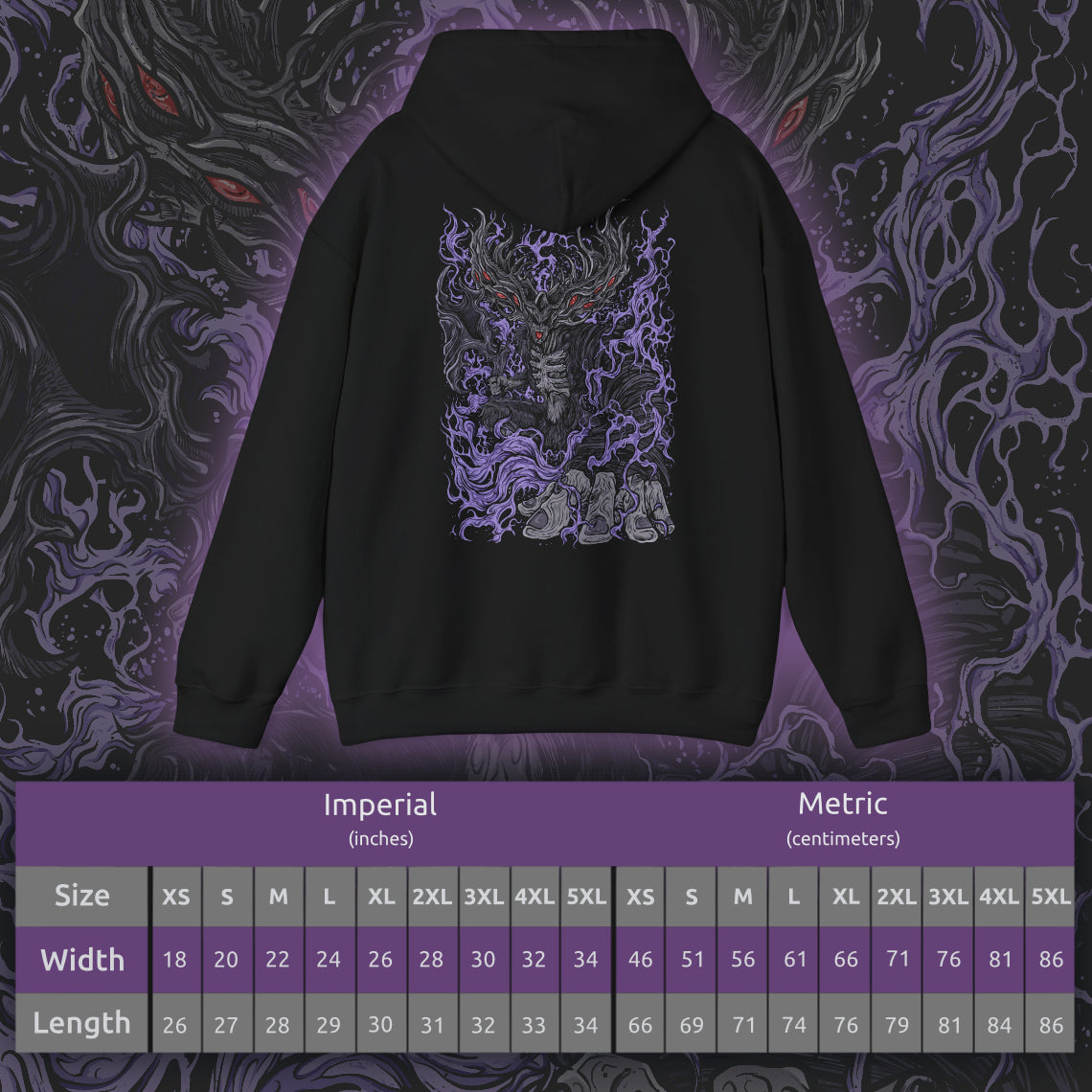 Size chart of a Hooded Sweatshirt showcasing Manus, the Father of the Abyss, a corrupted being born of humanity gone mad in Dark Souls. His monstrous arm and voidlike presence symbolize the destructive hunger of unbound emotion. This artwork channels the sorrow and fury that drove him to consume the kingdom of Oolacile in darkness.