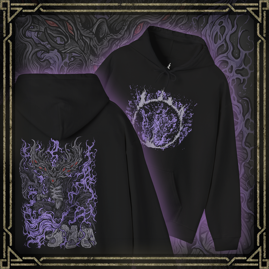 Thumbnail of a Hooded Sweatshirt showcasing Manus, the Father of the Abyss, a corrupted being born of humanity gone mad in Dark Souls. His monstrous arm and voidlike presence symbolize the destructive hunger of unbound emotion. This artwork channels the sorrow and fury that drove him to consume the kingdom of Oolacile in darkness.