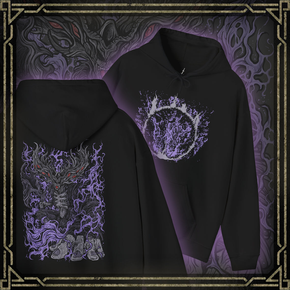 Thumbnail of a Hooded Sweatshirt showcasing Manus, the Father of the Abyss, a corrupted being born of humanity gone mad in Dark Souls. His monstrous arm and voidlike presence symbolize the destructive hunger of unbound emotion. This artwork channels the sorrow and fury that drove him to consume the kingdom of Oolacile in darkness.