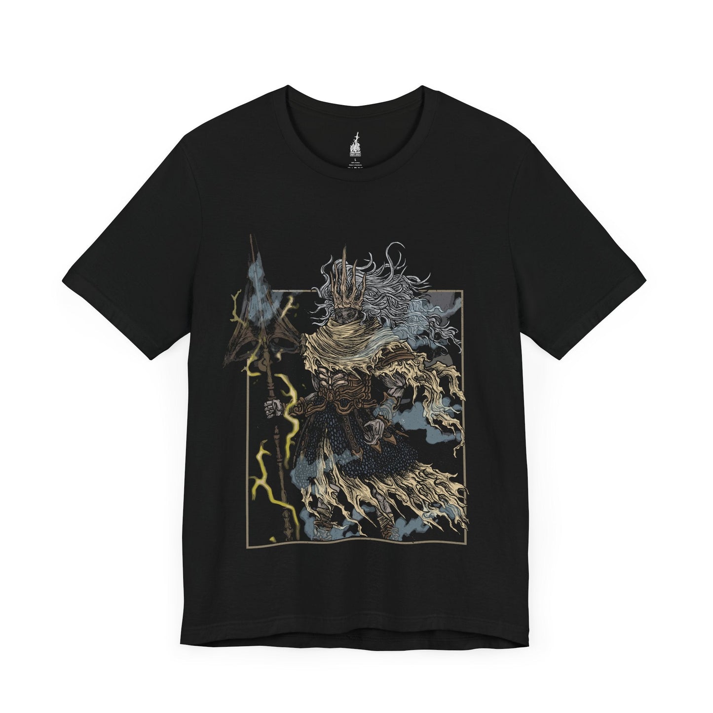 Image 3 of a Black T-shirt featuring the Nameless King from Dark Souls III, the forgotten son of Gwyn and slayer of dragons who forsook his throne to ally with the storm. Mounted atop his Stormdrake, King of the Storm, he commands lightning and wind with divine authority. This design captures the epic scale of his battle, symbolizing betrayal, divine wrath, and the hidden legacy of the gods.