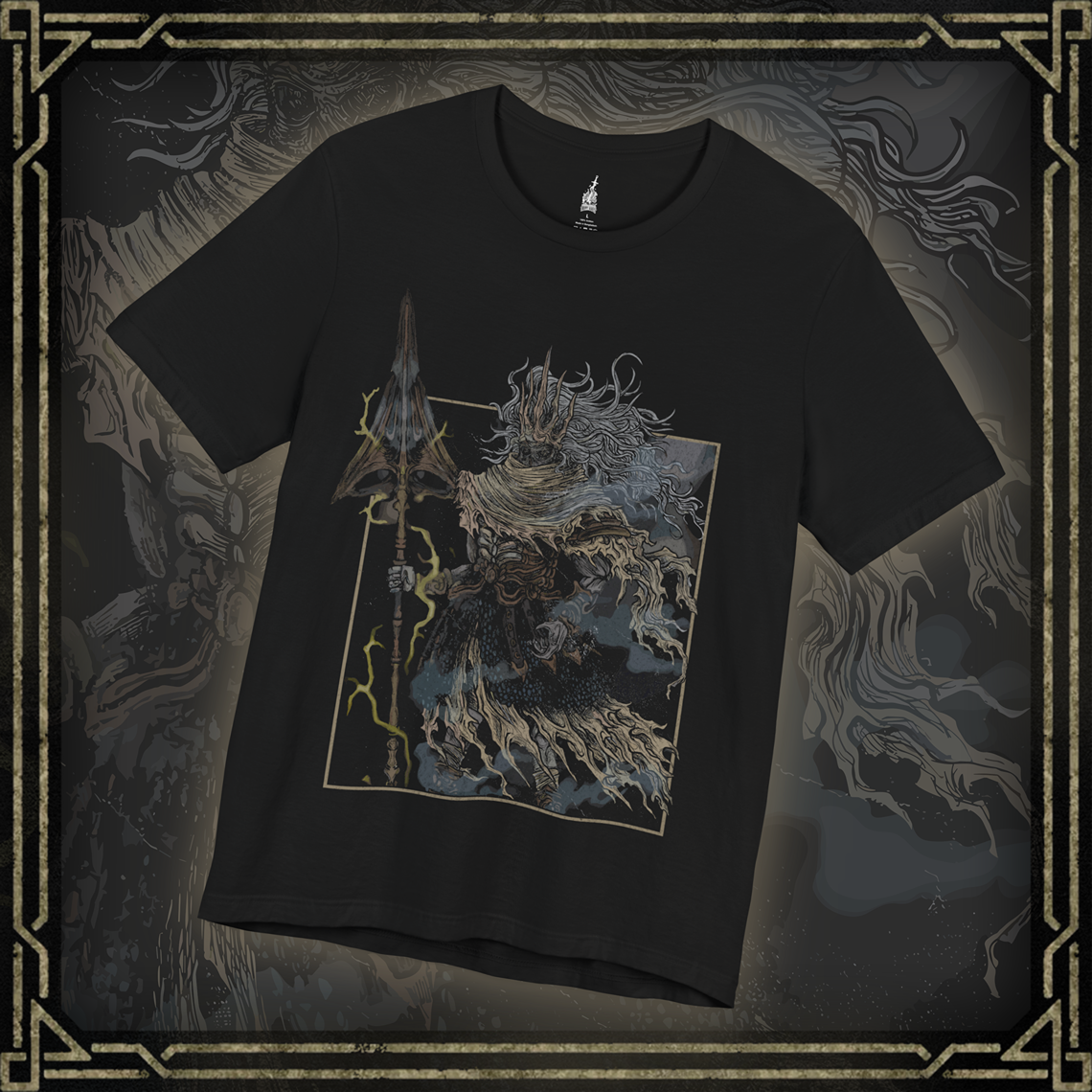 Thumbnail of a T-shirt featuring the Nameless King from Dark Souls III, the forgotten son of Gwyn and slayer of dragons who forsook his throne to ally with the storm. Mounted atop his Stormdrake, King of the Storm, he commands lightning and wind with divine authority. This design captures the epic scale of his battle, symbolizing betrayal, divine wrath, and the hidden legacy of the gods.