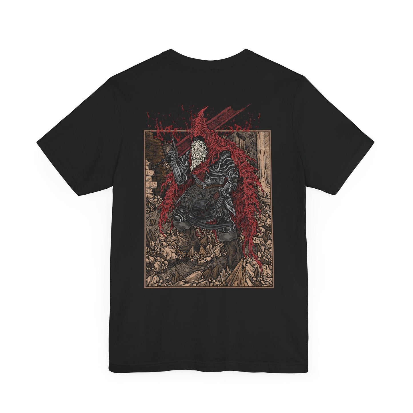 Image 4 of a T-shirt showcasing Slave Knight Gael from Dark Souls III, the loyal servant turned final boss of the Ringed City. Once humble and obedient, Gael becomes consumed by the very darkness he sought, his weathered armor and blood-soaked cape telling a story of sacrifice and corruption. This design honors Gael’s tragic journey as he devours the Pygmy Lords in search of the Dark Soul’s power.