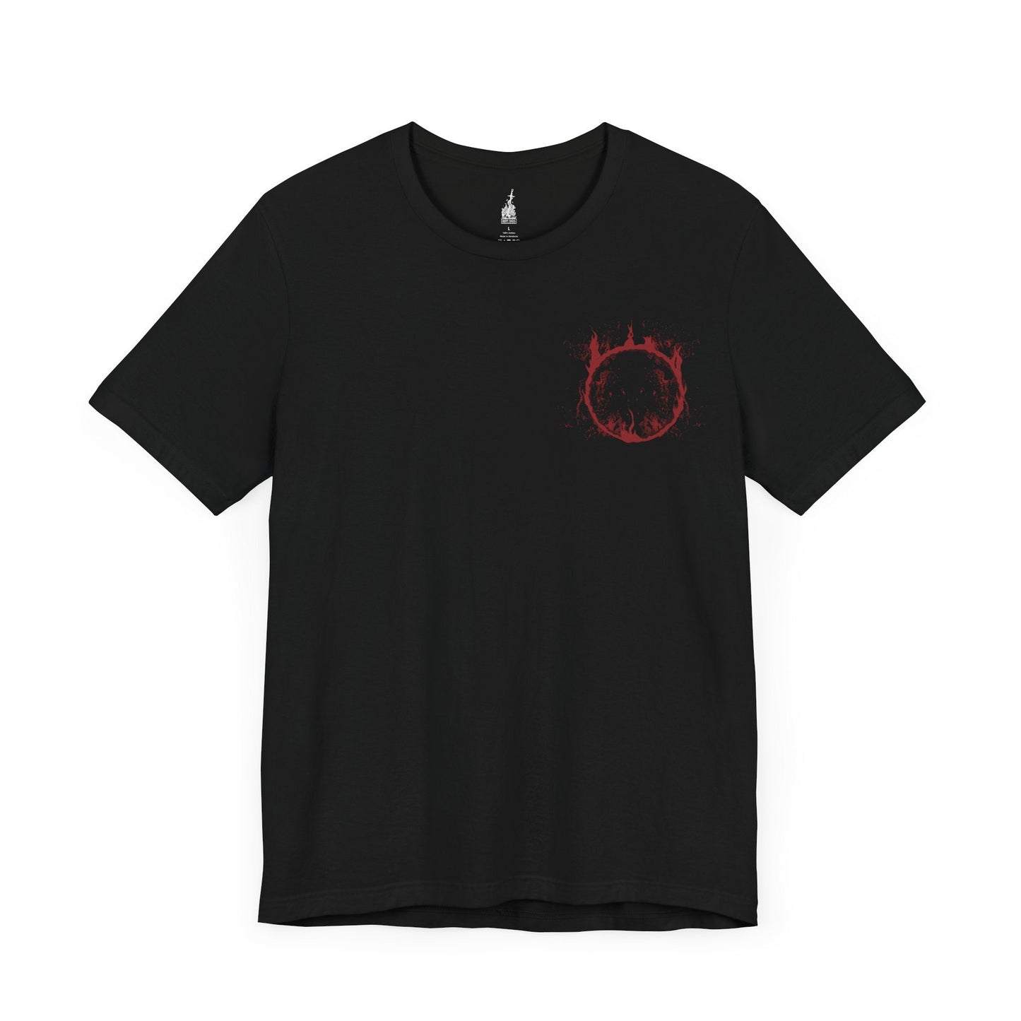 Image 3 of a Black T-shirt showcasing Slave Knight Gael from Dark Souls III, the loyal servant turned final boss of the Ringed City. Once humble and obedient, Gael becomes consumed by the very darkness he sought, his weathered armor and blood-soaked cape telling a story of sacrifice and corruption. This design honors Gael’s tragic journey as he devours the Pygmy Lords in search of the Dark Soul’s power.