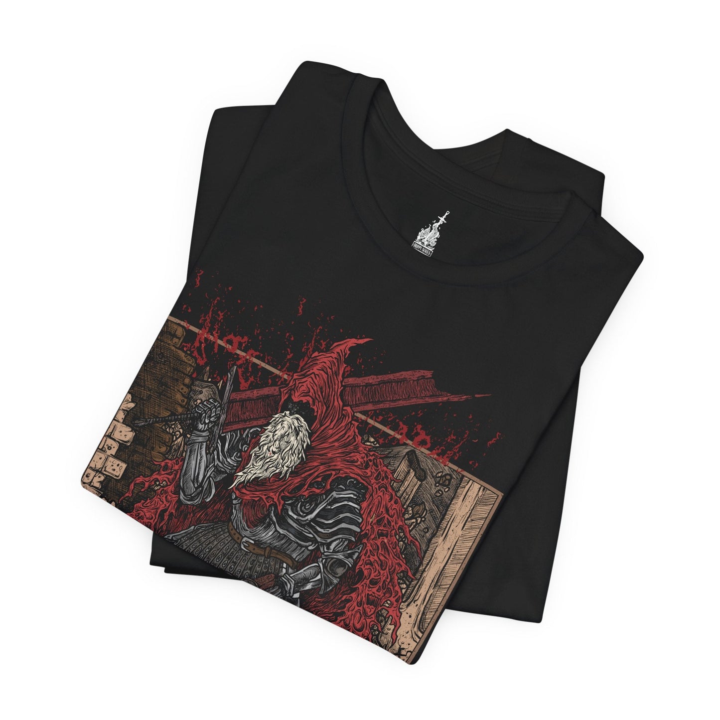 Folded T-shirt featuring Slave Knight Gael from Dark Souls 3, the relentless warrior who seeks the Dark Soul of Humanity. Clad in tattered red rags and dragging his massive greatsword, Gael traverses the ruins of a dying world, driven by a desperate mission to complete the Painter’s vision. His transformation into a near-divine force of rage marks one of the most intense and emotional final battles in the series.