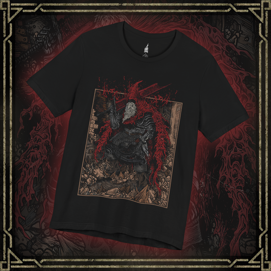 Thumbnail of a T-shirt featuring Slave Knight Gael from Dark Souls 3, the relentless warrior who seeks the Dark Soul of Humanity. Clad in tattered red rags and dragging his massive greatsword, Gael traverses the ruins of a dying world, driven by a desperate mission to complete the Painter’s vision. His transformation into a near-divine force of rage marks one of the most intense and emotional final battles in the series.
