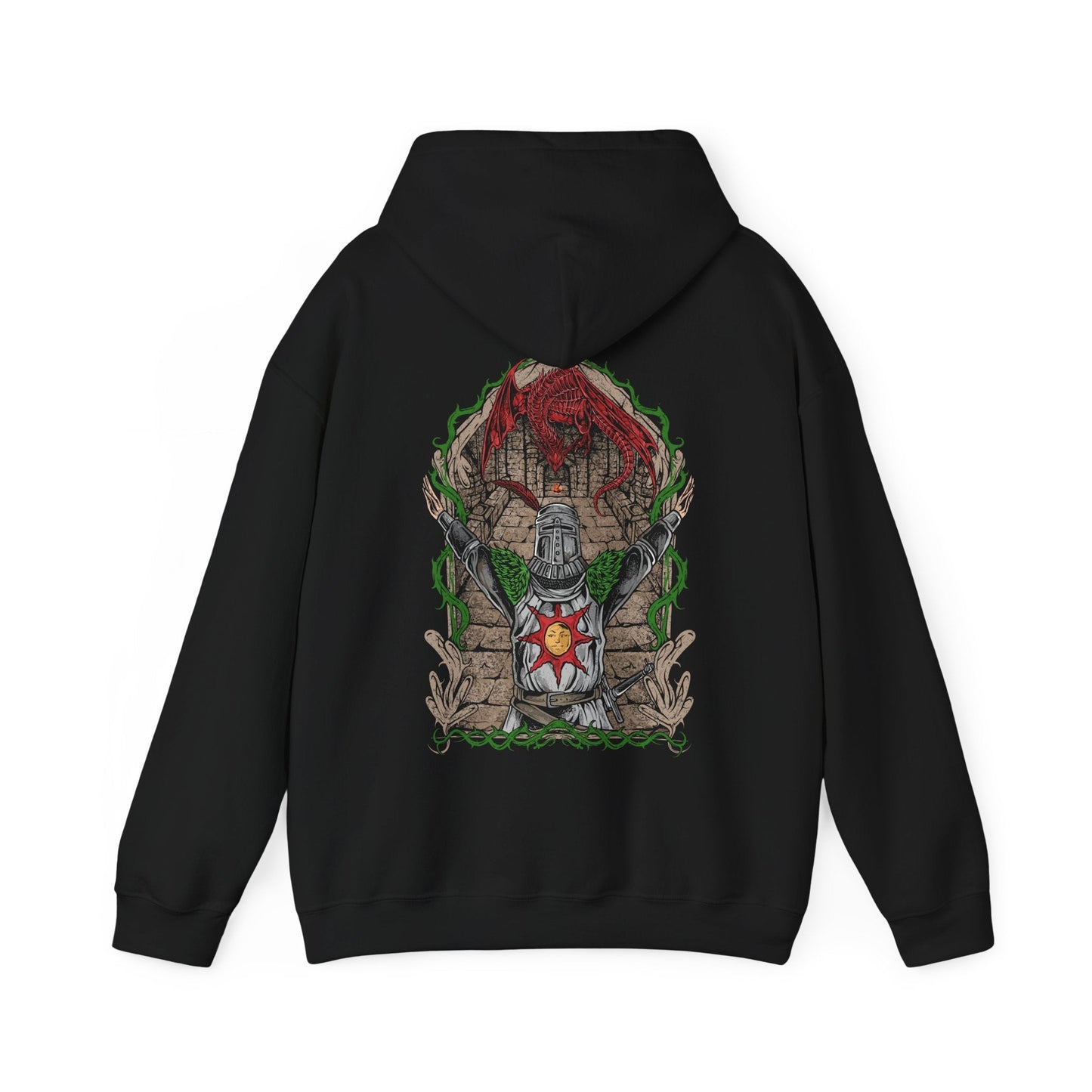 Image 4 of a Hooded Sweatshirt showcasing the legendary Solaire of Astora, one of the most beloved characters in Dark Souls. A Warrior of Sunlight and beacon of camaraderie, his glowing sun sigil and knightly armor are instantly recognizable. This artwork pays tribute to his unwavering optimism and the iconic phrase, Praise the Sun!